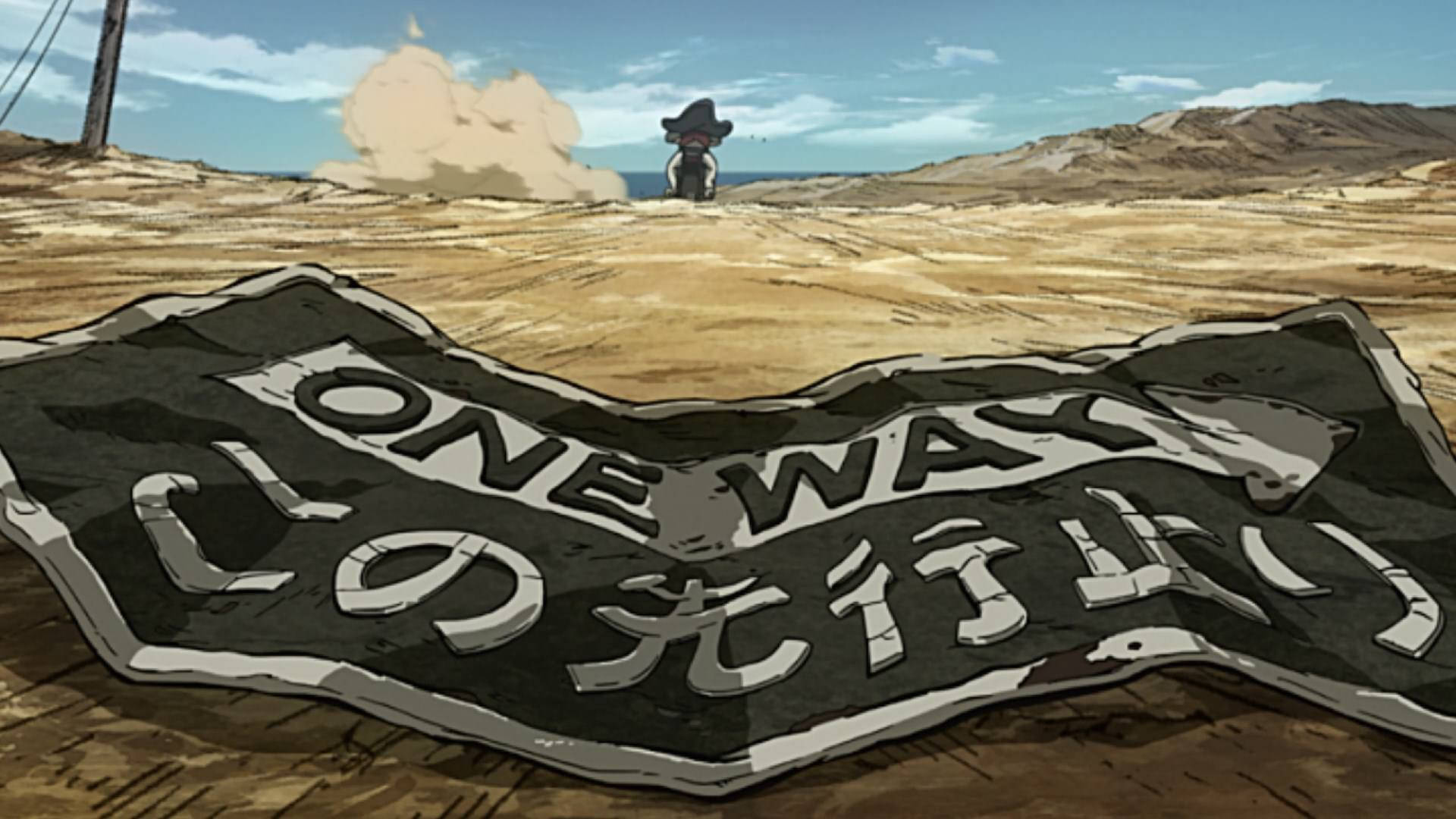 Megalo Box 一去不返 壁紙 — 一個風化的單程路牌破爛地躺在塵土飛揚的道路上，遠處一個孤獨的身影站在明亮的藍天下。
