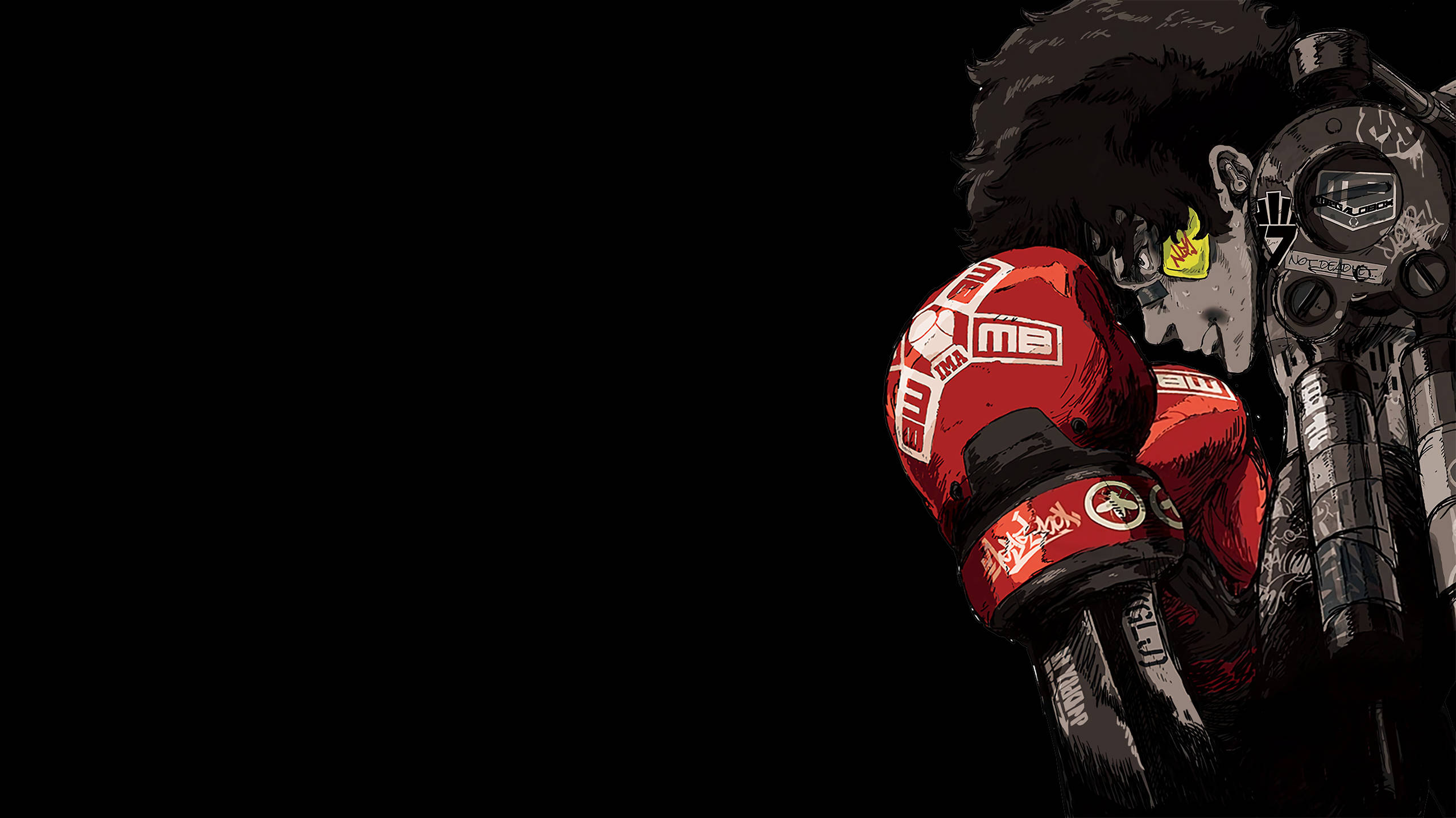 Megalo Box 黑色背景 壁紙 — 一個粗獷的動漫戰士，留著非洲式頭髮，戴著紅色拳擊手套，在黑色背景下凝視著。
