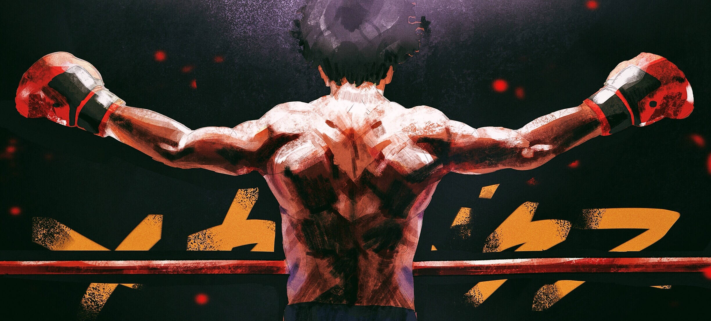 Megalo Box Joe 環境勝利 壁紙 — 一位肌肉發達的拳擊手在戲劇性的紅色燈光和發光的黃色文字下，在擂台上勝利地舉起戴手套的拳頭。