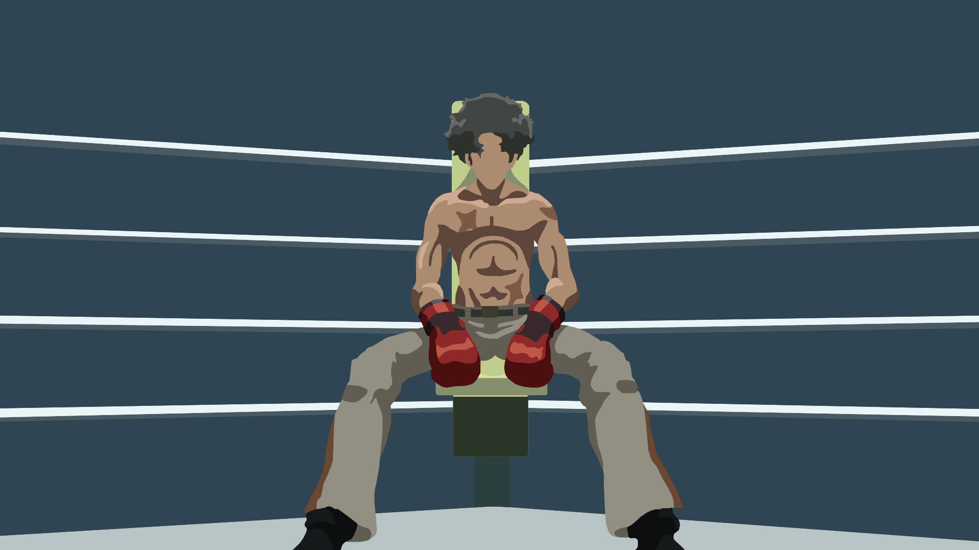 Megalo Box 最簡約喬 壁紙 — 一個肌肉發達的拳擊手坐在擂台內的凳子上，戴著紅色手套和灰色褲子，表情專注。