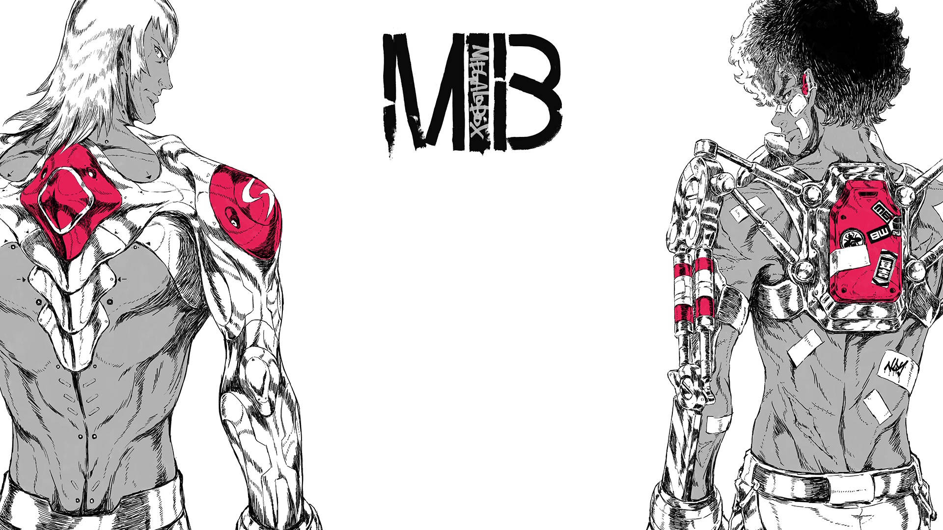 Megalo Box 機械裝備 壁紙 — 兩個肌肉發達的動漫角色，帶有紅色機械肩膀植入物，背對背站在粗體MIB標誌下。