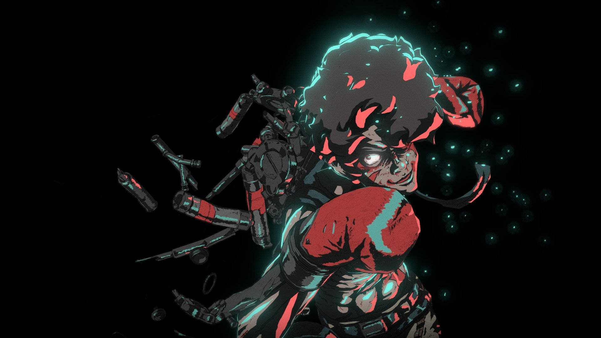 Megalo Box 喬揮棒 壁紙 — 一個帶有發光青色和紅色點綴的賽博龐克動漫角色，在黑色虛空中揮舞多把槍械。