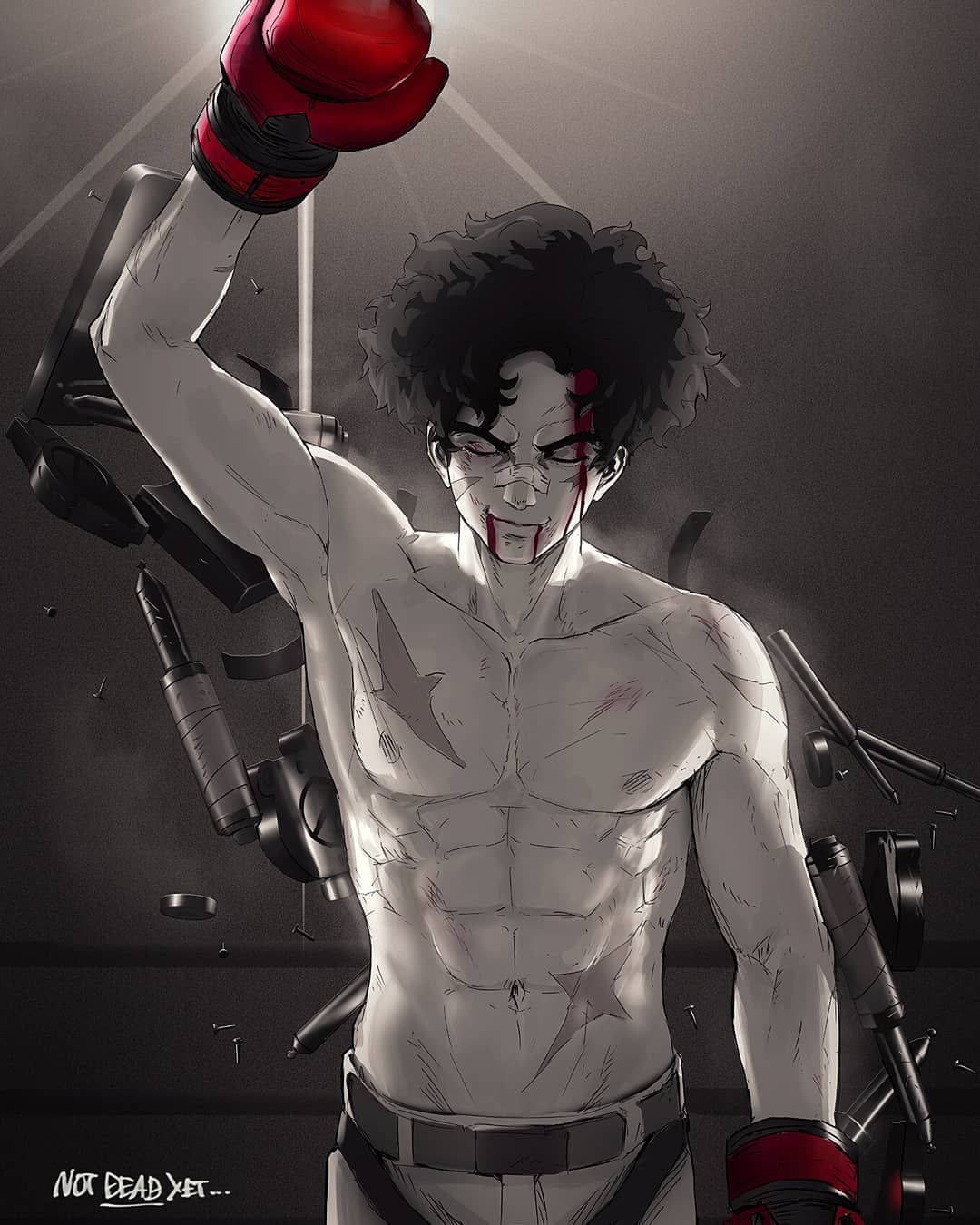 Megalo Box 勝利姿勢 壁紙 — 一個肌肉發達的動漫戰士，臉上帶血，戴著紅色手套，在戲劇性燈光下，於破碎的健身器材中勝利地舉起拳頭。