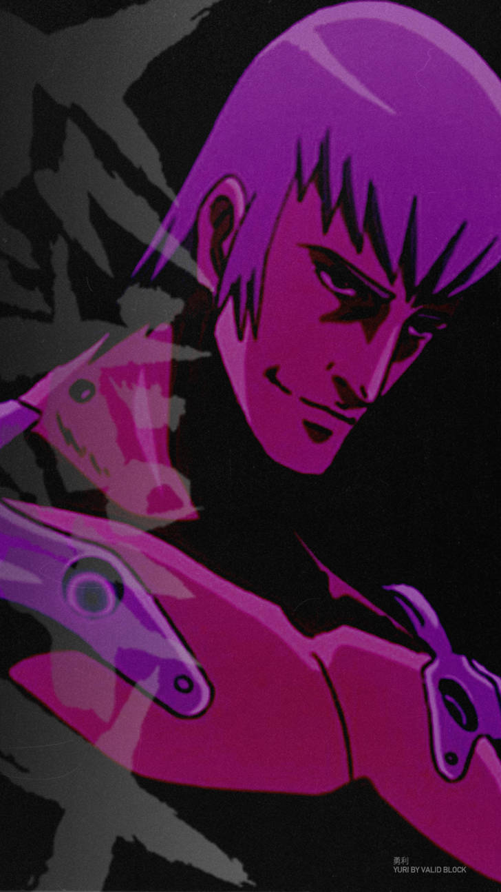 Megalo Box 尤里 壁紙 — 一個風格化的動漫角色，擁有充滿活力的紫色頭髮和機械手臂，在黑暗的抽象背景下強烈凝視。