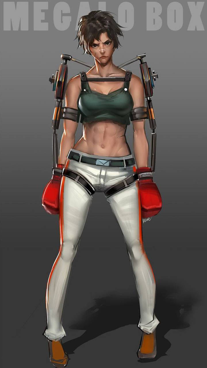 Megalo Box 性別轉換版 壁紙 — 一位兇猛的女戰士，身穿綠色上衣、白色褲子和紅色手套，準備好機械手臂，站在灰色背景前。