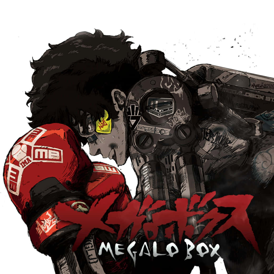 《Megalo Box》擂台上的驚險對決 壁紙 — 一個粗獷的動漫拳擊手戴著紅色手套，面對一個機械對手，其盔甲上佈滿塗鴉。