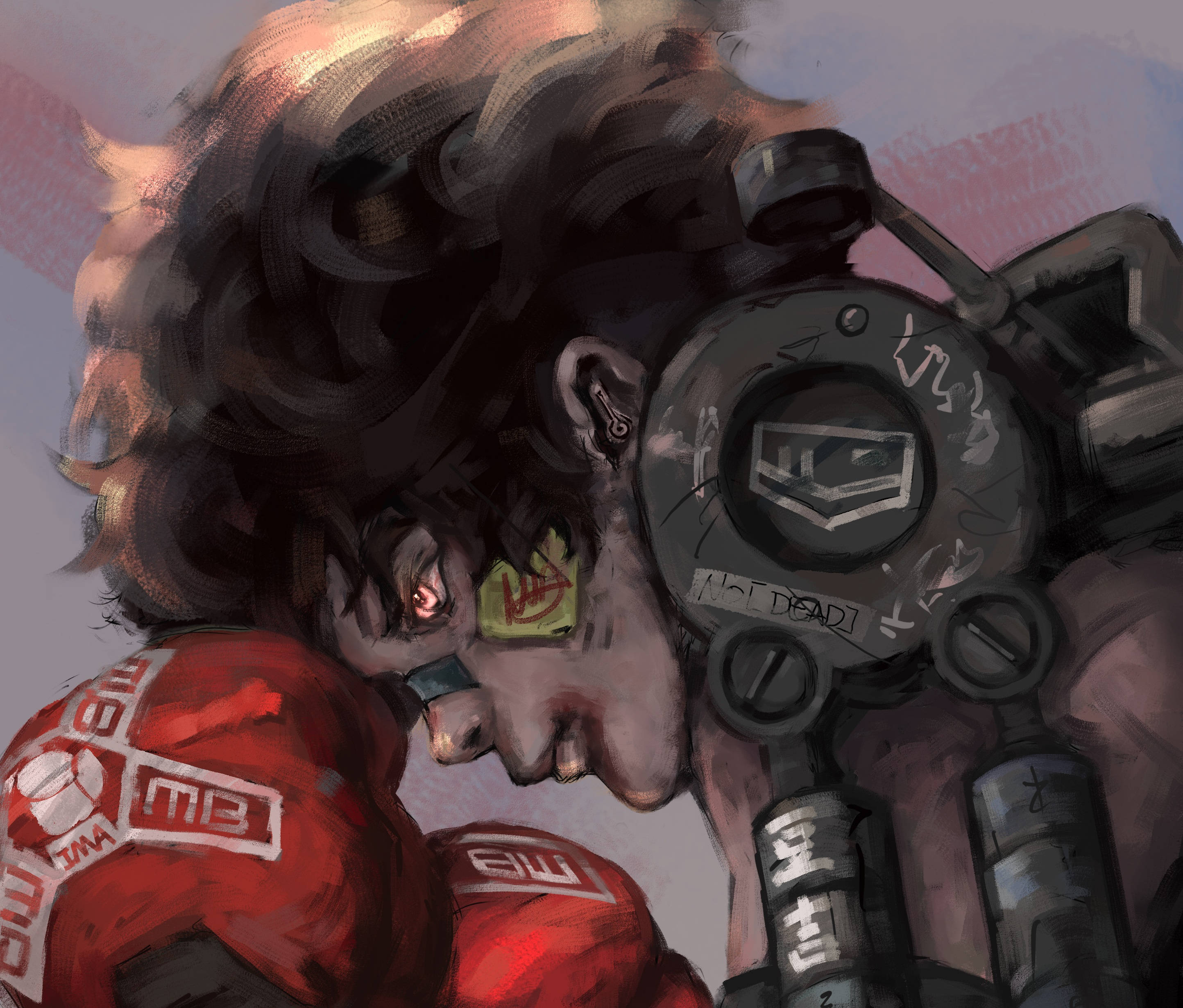 Megalo Box 數位繪畫 壁紙 — 一個粗糙的數碼藝術肖像，描繪一個擁有狂野頭髮和紅色盔甲的賽博朋克角色，手持機械裝置。