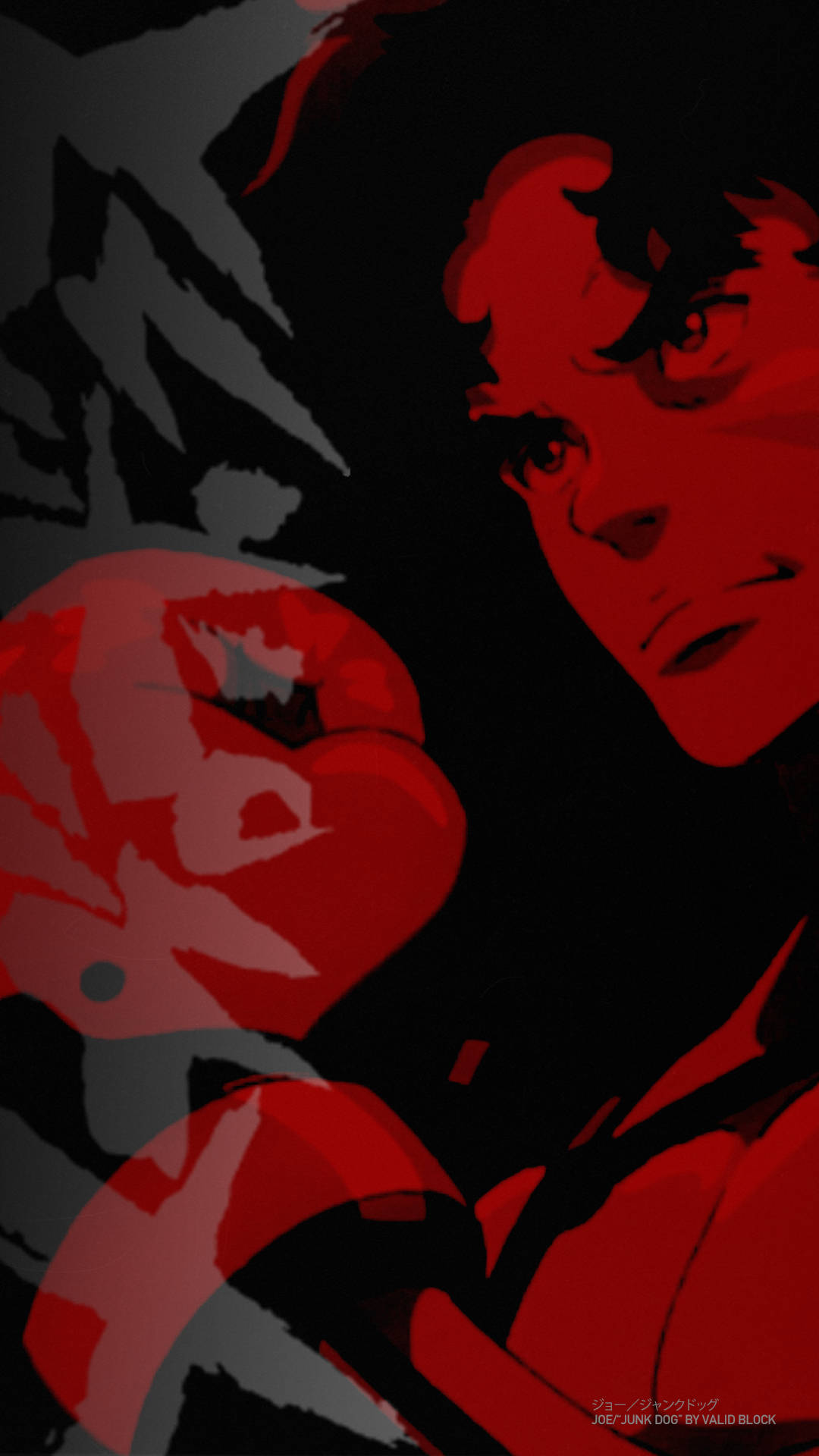 Megalo Box 紅色單色 Joe 壁紙 — 一個風格化的動漫戰士，戴著紅色拳擊手套，在黑暗背景下凝視著。