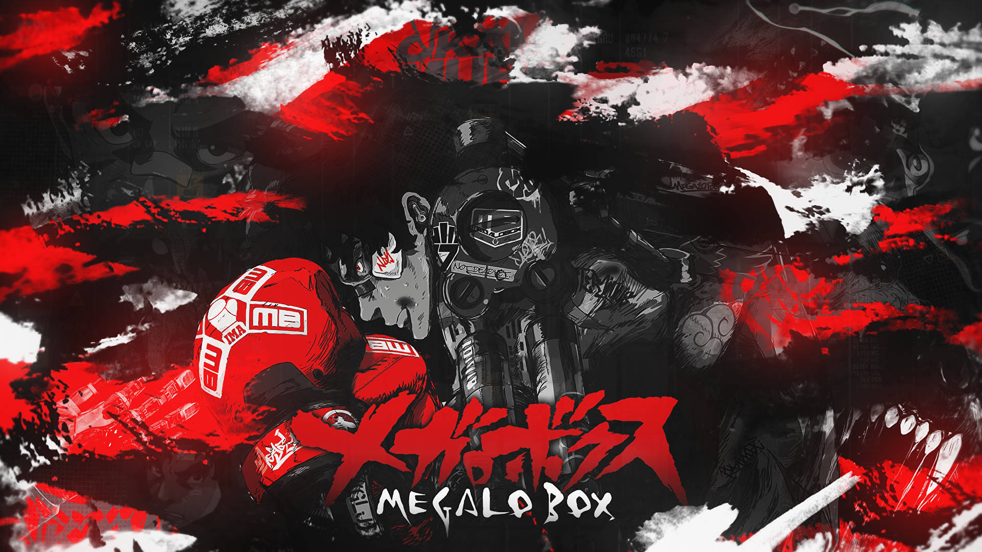 Megalo Box 紅色拼貼喬 壁紙 — 一個身穿紅色裝備的動漫風格戰士，在爆炸性的紅色和黑色筆觸中與蒙面對手碰撞。