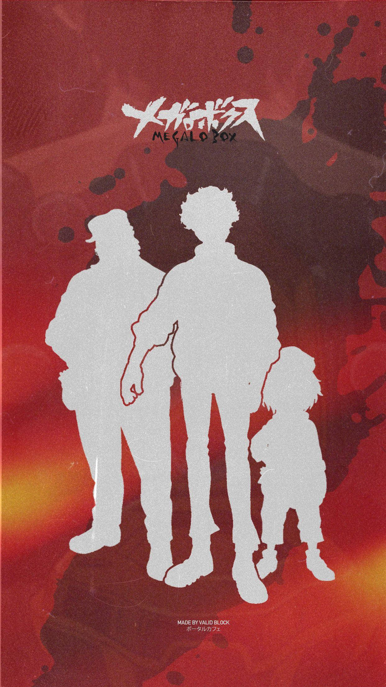 Megalo Box 角色剪影 壁紙 — 三個白色剪影站在帶有飛濺效果的火焰紅橙色抽象背景前。