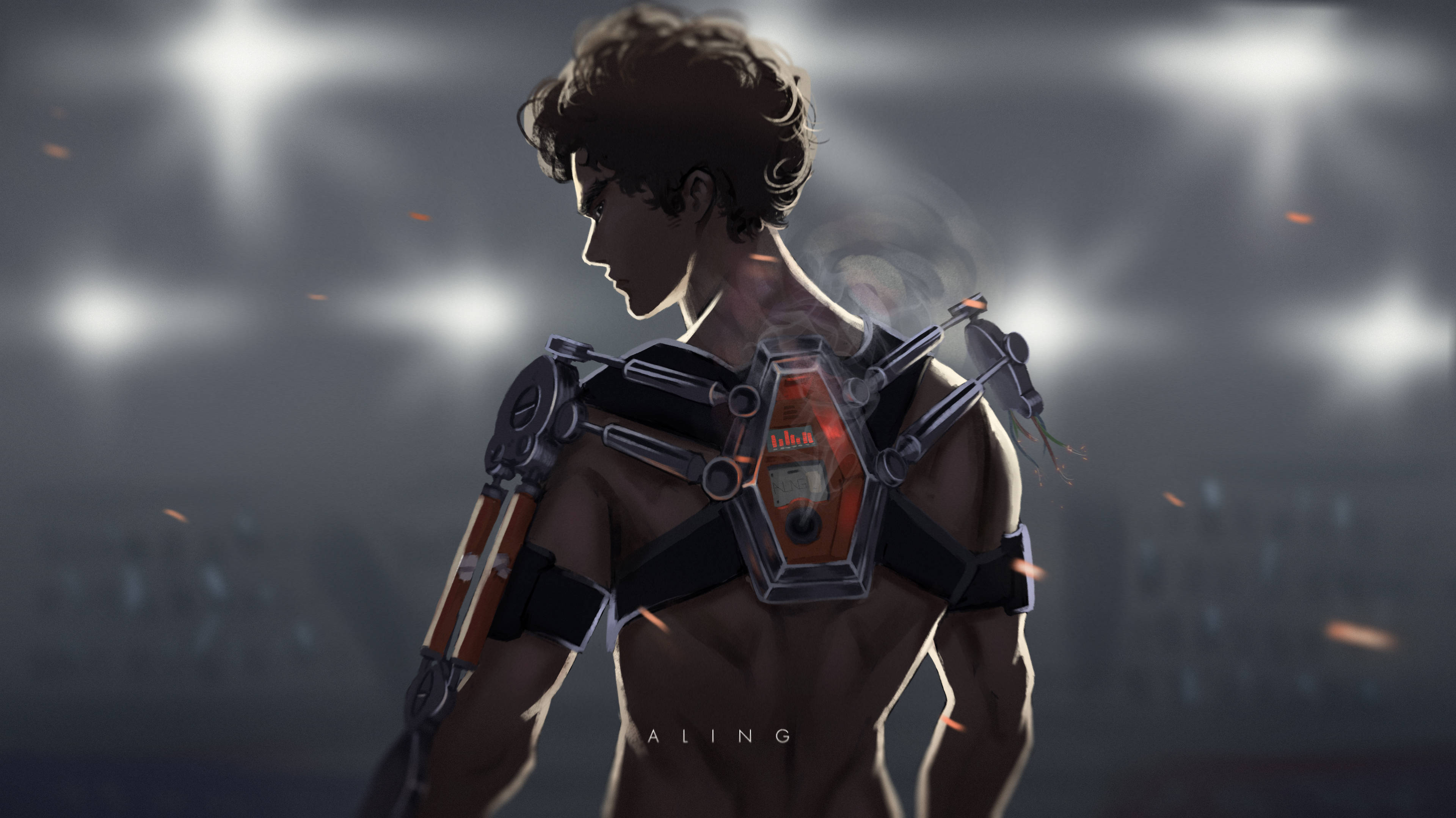 Megalo Box 黑暗齒輪 壁紙 — 一個捲髮年輕男子在體育場燈光下穿著發光的橙色和銀色機械背帶。