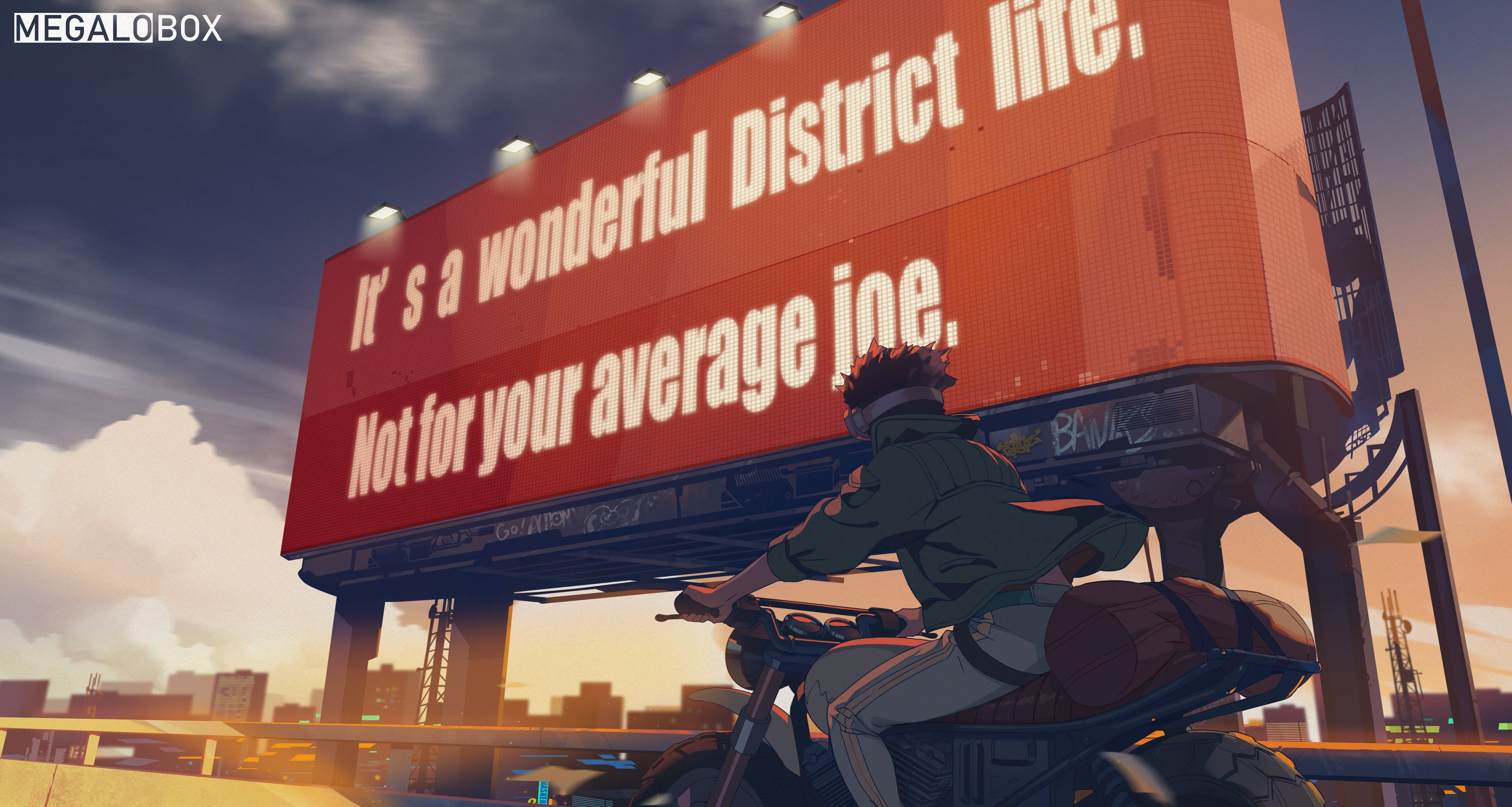 Megalox Box Junk Dog 壁紙 — 一個孤獨的動畫騎士騎著電單車，經過一個巨大的紅色廣告牌，上面寫著「It's a wonderful District life. Not for your average joe.」