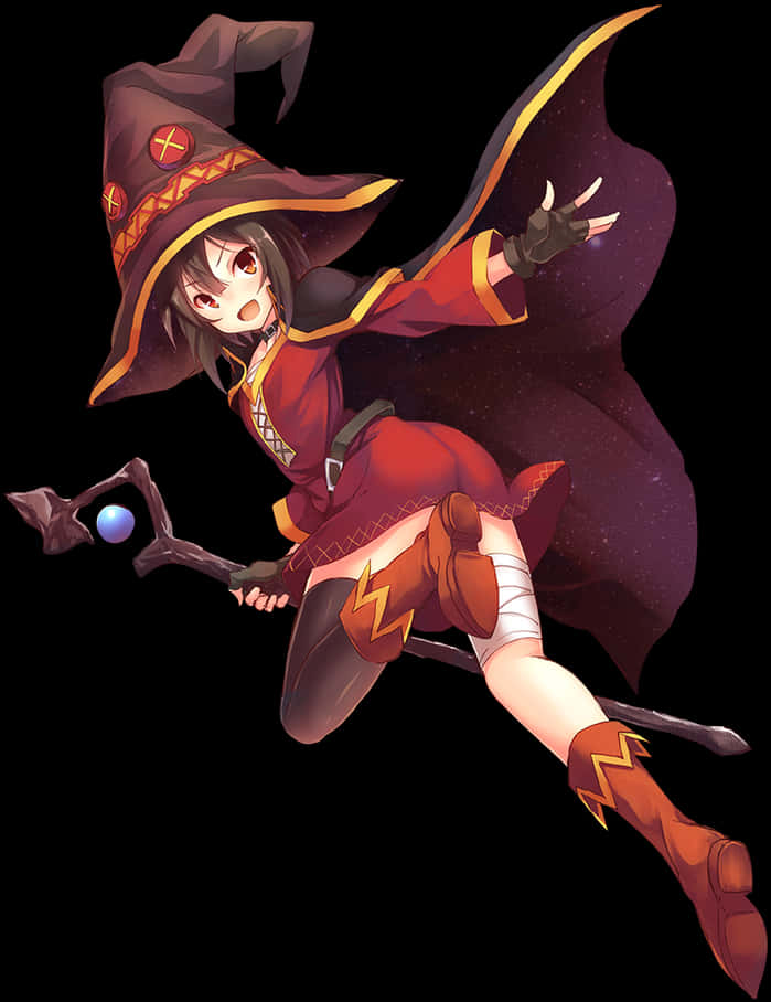 《約會大作戰》Megumin施法動畫藝術 壁紙 — 一個開心的動漫女巫穿著紅金色服裝，拿著發光的魔杖飛過太空。