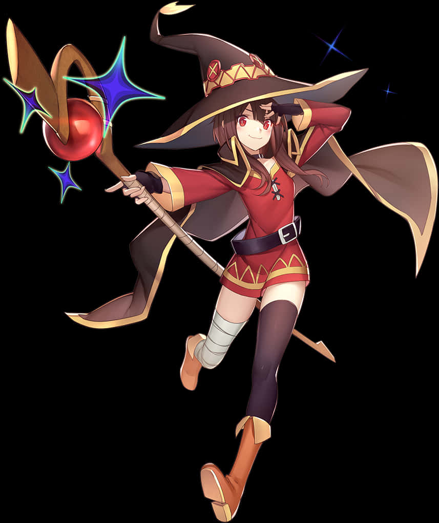 《約會大作戰》Megumin施放魔法 壁紙 — 一個開心的動漫女巫穿著紅金色服裝，在黑色背景上揮舞發光法杖，周圍有閃爍星星。