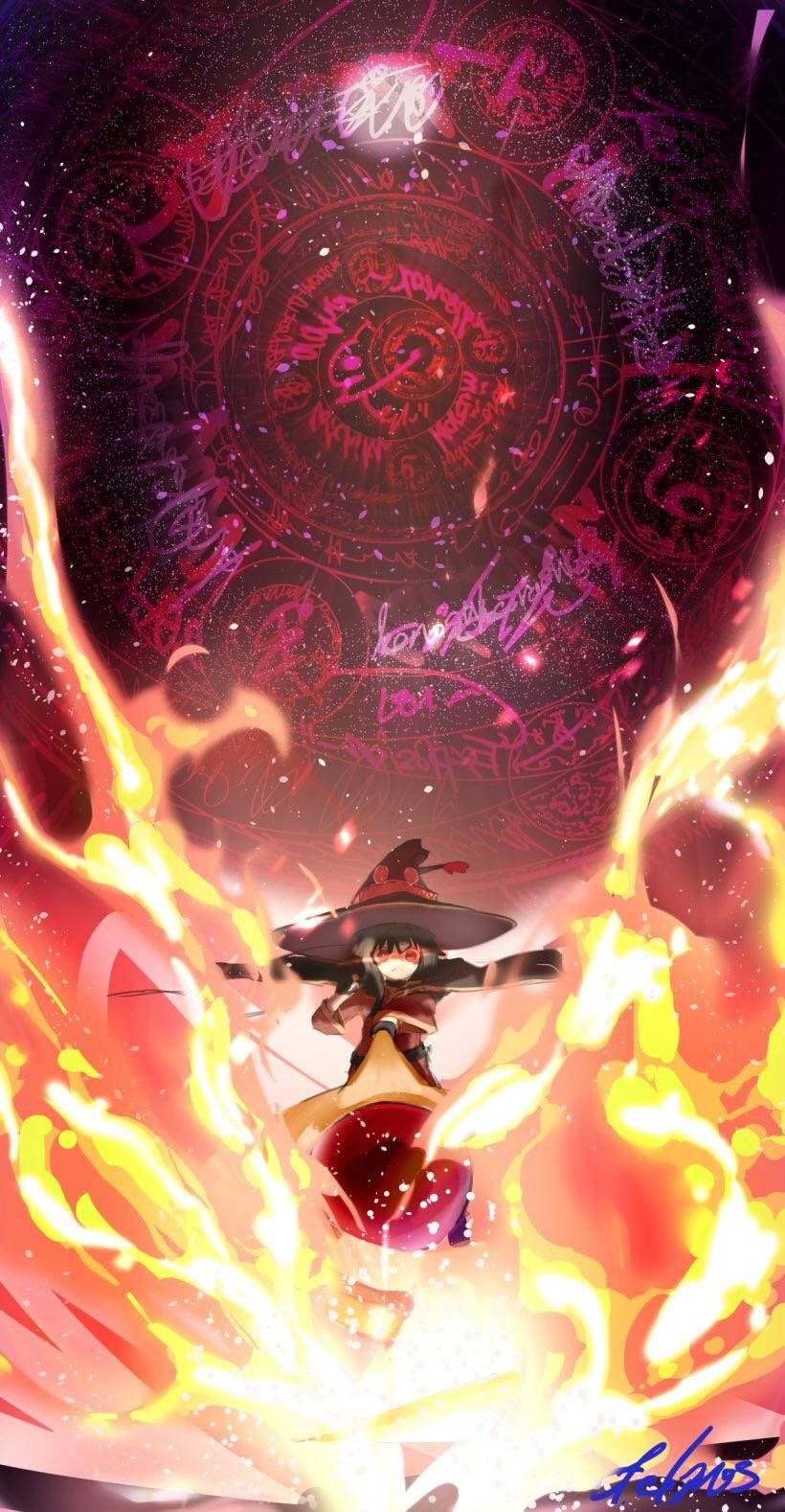 動畫法師被火焰包圍，對著宇宙符印施展魔法咒語。
