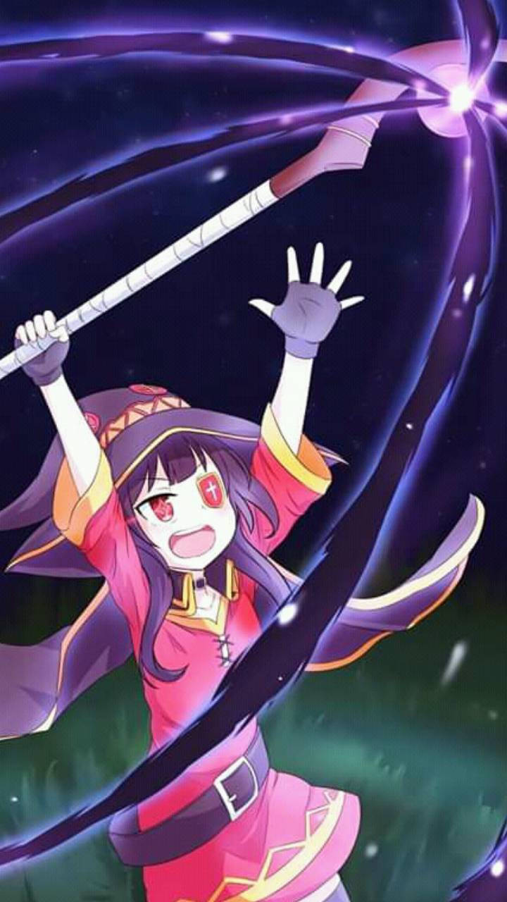 動漫女巫在宇宙場景中用發光魔杖施展魔法