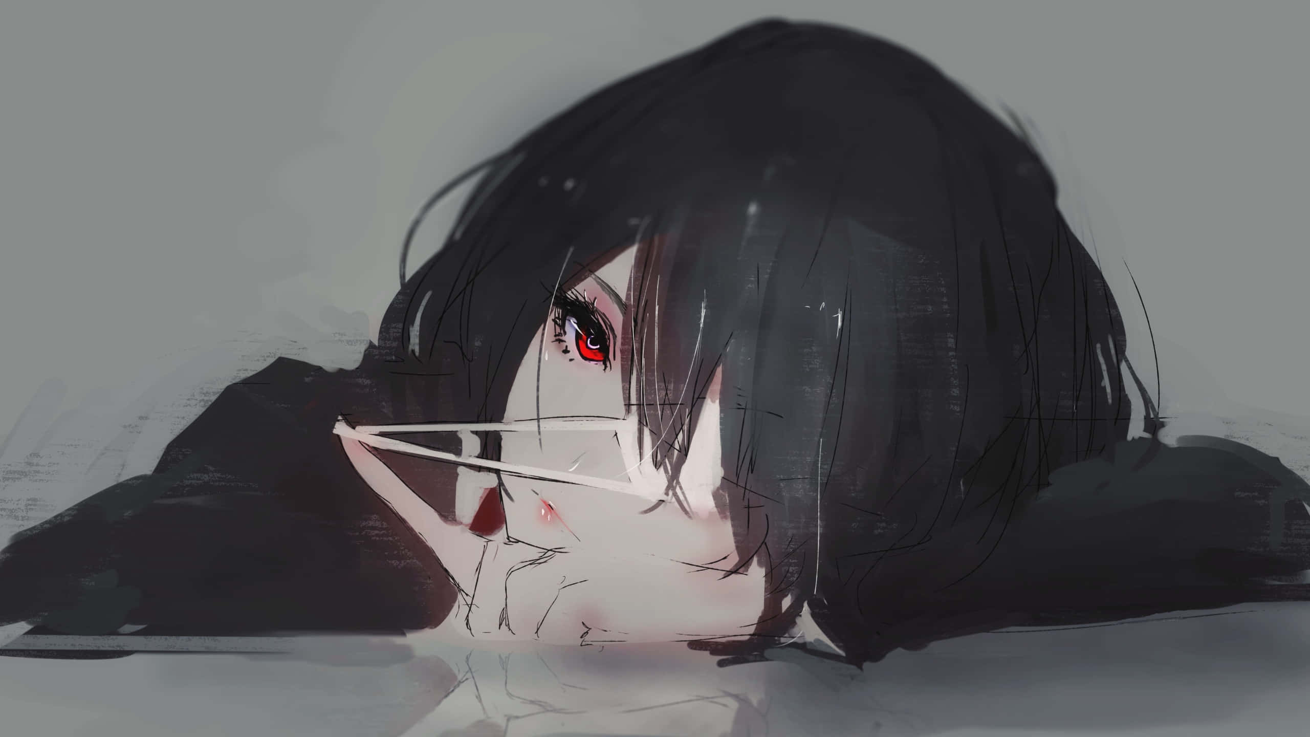 Mei Misaki 的孤寂凝視，憂鬱動畫呈現 壁紙 — 一個憂鬱的動漫女孩，黑髮紅眼，將頭靠在表面上，臉部部分被白色繃帶遮蓋。