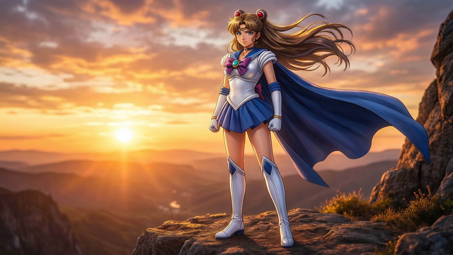 Undead Unluck 桌布 壁紙 — 美少女戰士Sailor Moon英雄地站在日落時的懸崖上，斗篷在金色天空中飄揚。