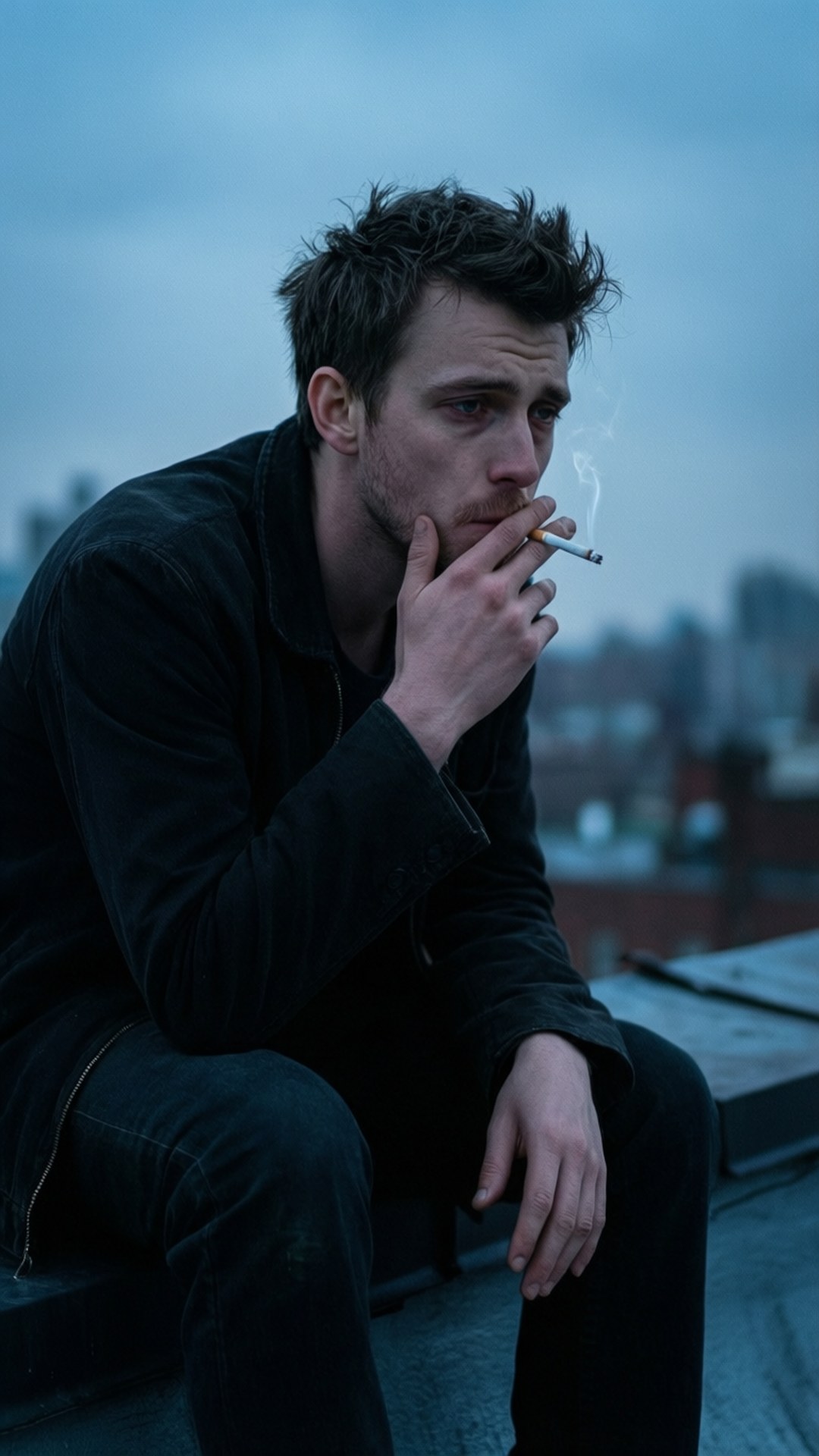 一個穿著深色衣服的男人在屋頂上抽煙，背景是城市天際線。