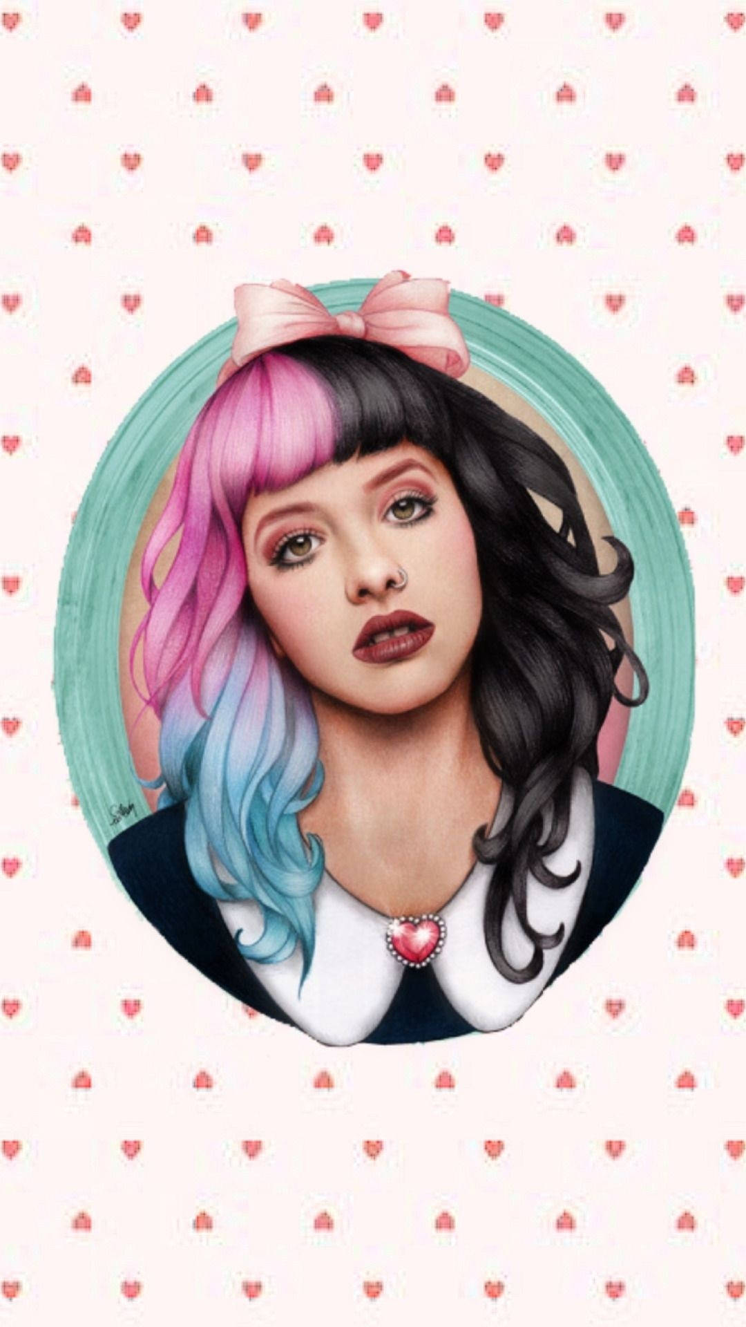 Melanie Martinez 粉紅心形藝術 壁紙 — 一個風格化的女孩肖像，粉紅色和藍色的頭髮，粉紅色的蝴蝶結，鑲嵌在一個青綠色的圓圈內，背景是心形圖案。