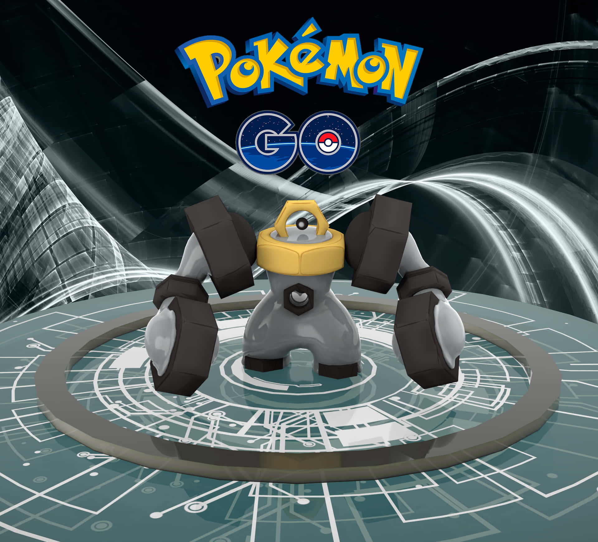 Melmetal寶可夢Go海報 壁紙 — 一個金屬質感的Pokémon Go角色站在發光的電路板平台上，背景是旋轉的數位圖案。
