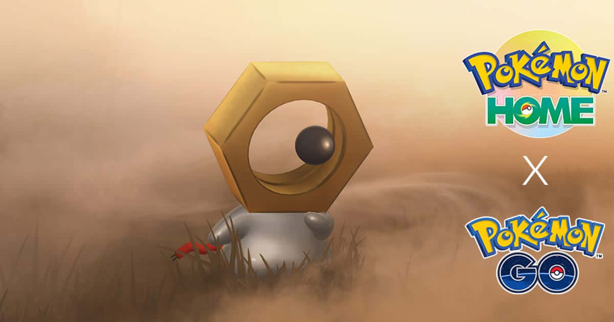 棕色背景上的Meltan 壁紙 — 一隻金色六角形嘅寵物小精靈，有黑色波波眼，企喺塵土飛揚嘅草地上，喺溫暖嘅日落光下。