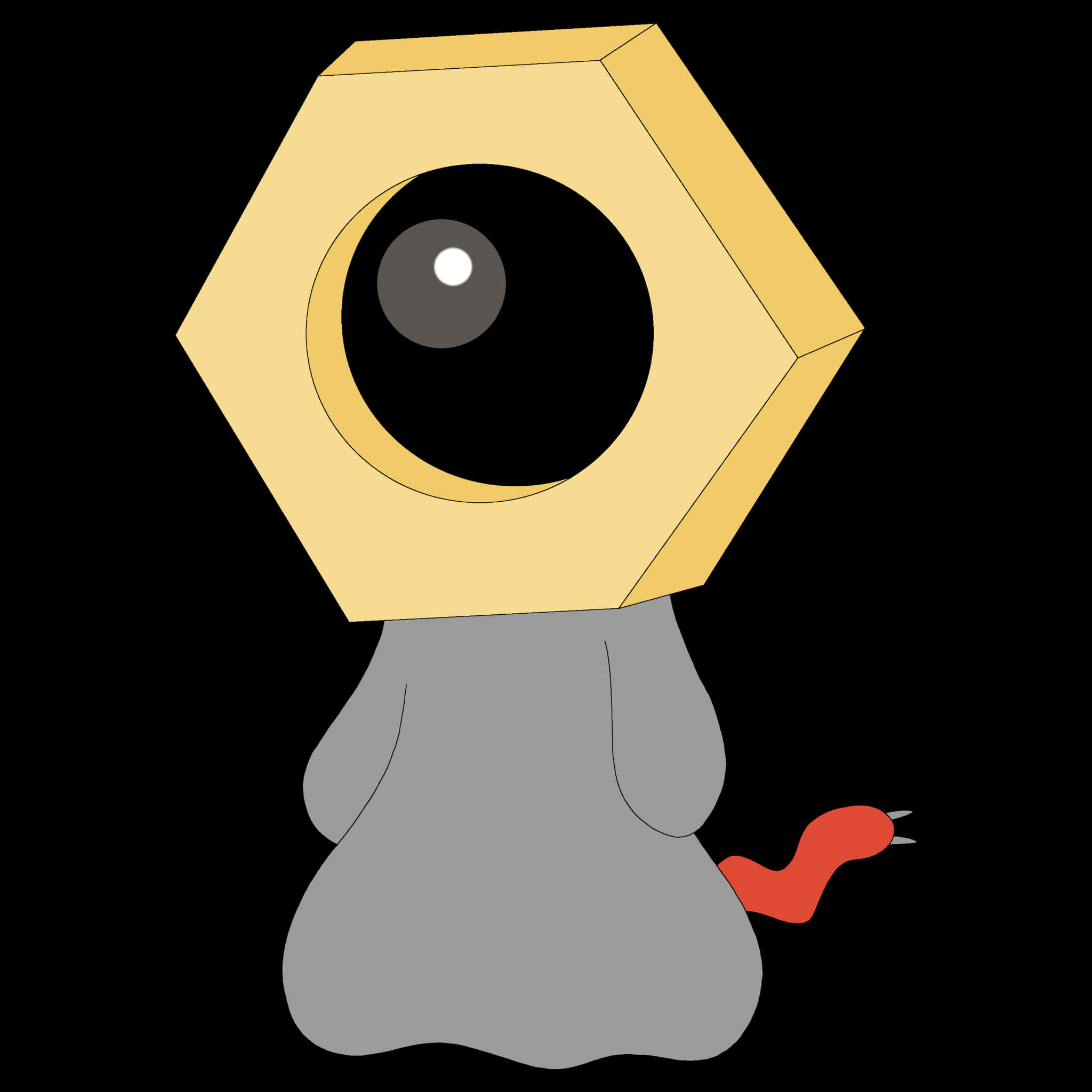 Meltan——獨特而神秘的寶可夢 壁紙 — 一個卡通生物，有一個六邊形金色頭部，拿著一個大黑眼睛和一條帶刺的紅色尾巴。