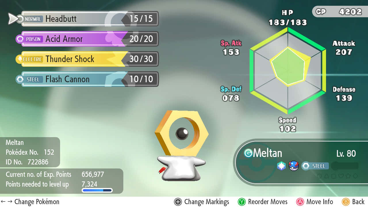 神秘鋼系寶可夢 Meltan 的精細數據 壁紙 — 數碼遊戲介面中顯示美錄坦及其招式與能力的寶可夢對戰畫面。