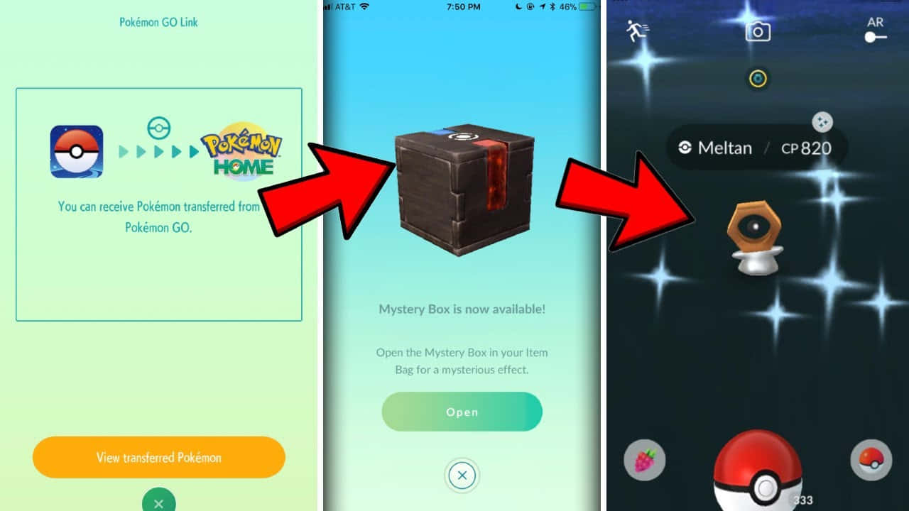 有效吸引 Meltan 的步驟指南 壁紙 — 三個 Pokémon GO 應用程式畫面，顯示從 GO Home 傳送 Pokémon、神秘盒子以及帶有閃爍星星的 AR 中的 Meltan。