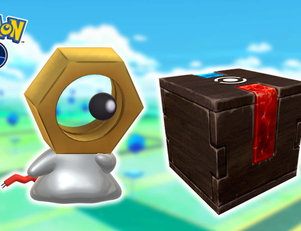 Meltan 與神秘盒子 壁紙 — 一隻金色六角形嘅寵物小精靈，有黑色波波眼，企喺一個深色木箱旁邊，箱入面有紅色發光液體，背景係明亮嘅藍天。