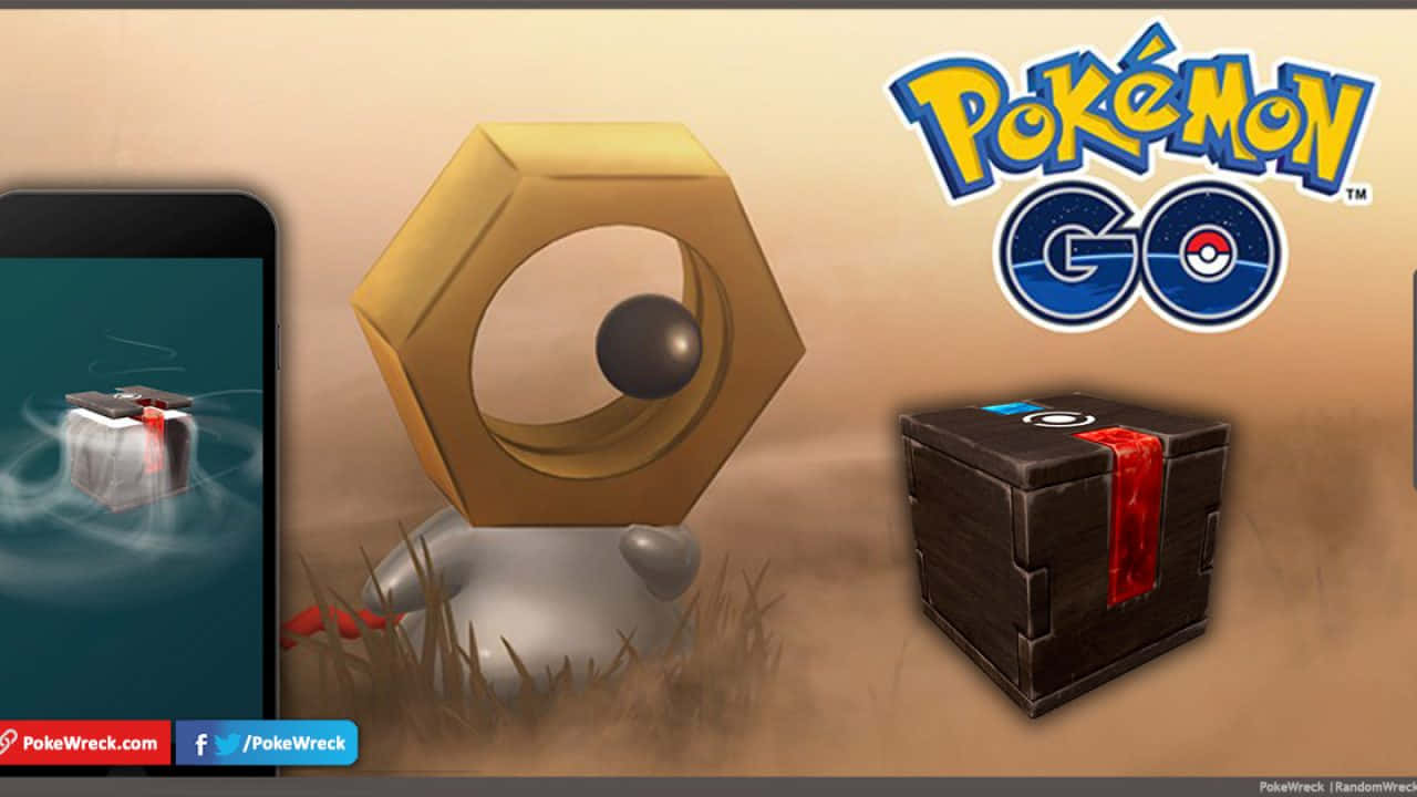 Meltan在官方Pokémon YouTube頻道 壁紙 — 一個金色的六角形 Pokémon Go 精靈球漂浮在草地上，旁邊有一個木製寶箱和顯示精靈球的智能手機。