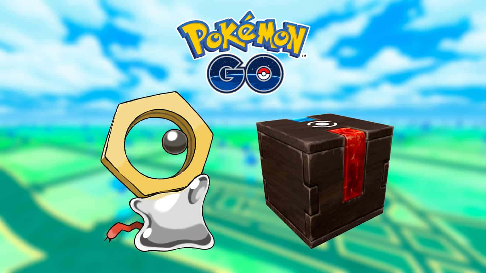 Meltan旁邊的Pokémon Go神秘盒 壁紙 — Pokémon GO 標誌，帶有六角形寶可夢和一個神秘盒子，背景是明亮的藍天和綠色地形。