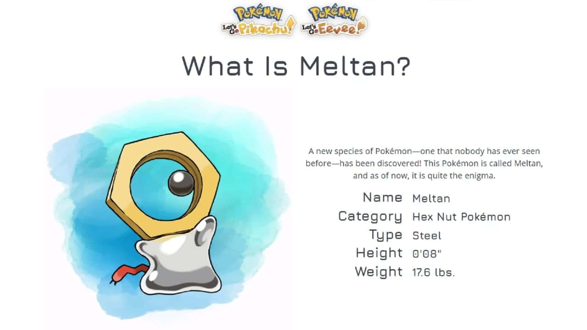 Meltan的基本資訊 壁紙 — 一隻水彩風格嘅寶可夢叫Meltan，有個六角形頭同一個大眼，背景係藍色水彩潑濺。