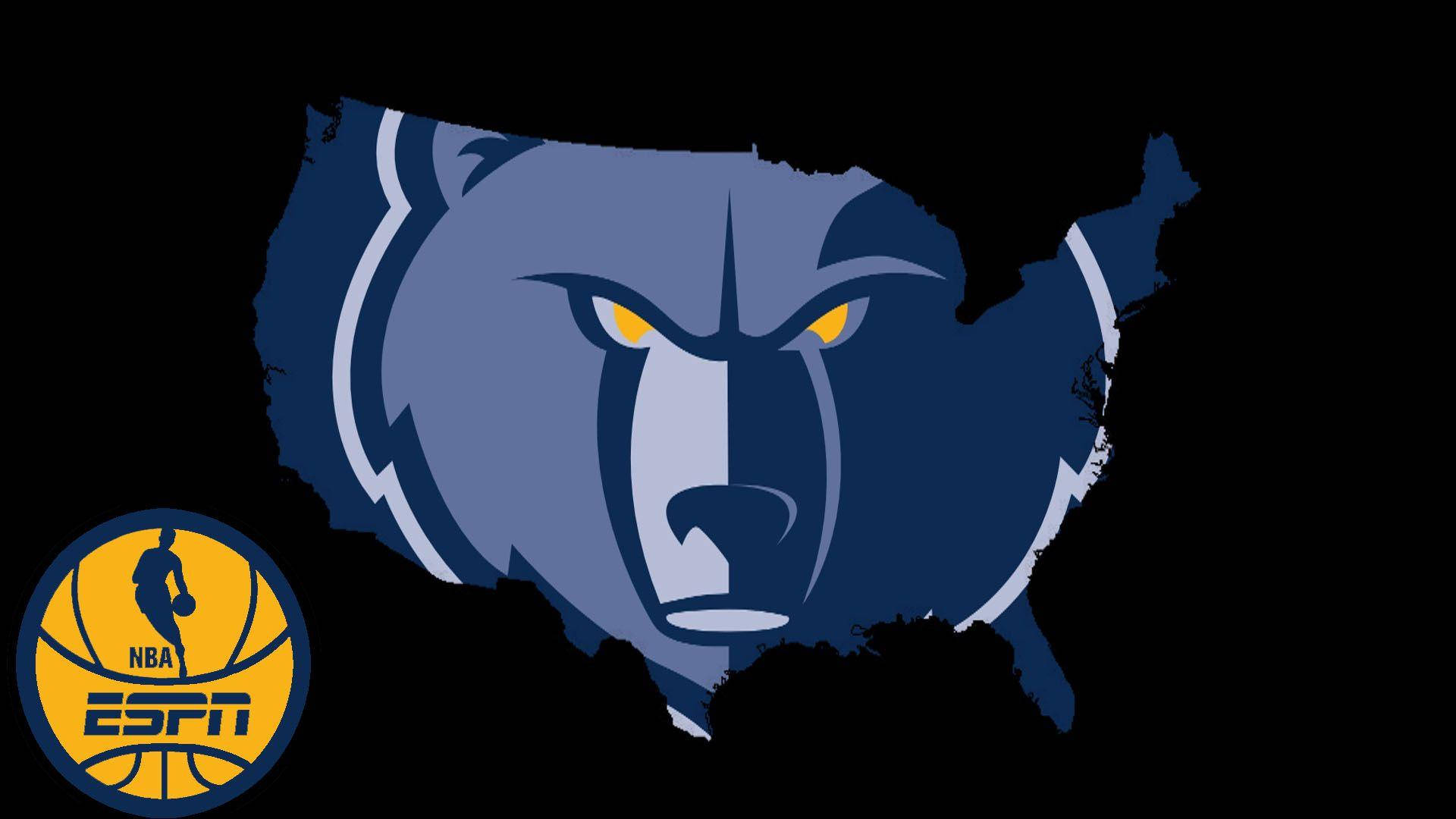 Memphis Grizzlies 球隊威猛熊標誌 壁紙 — 一個兇猛的藍色熊頭，帶有發光的黃色眼睛，形成美國的輪廓，並附有ESPN NBA標誌。