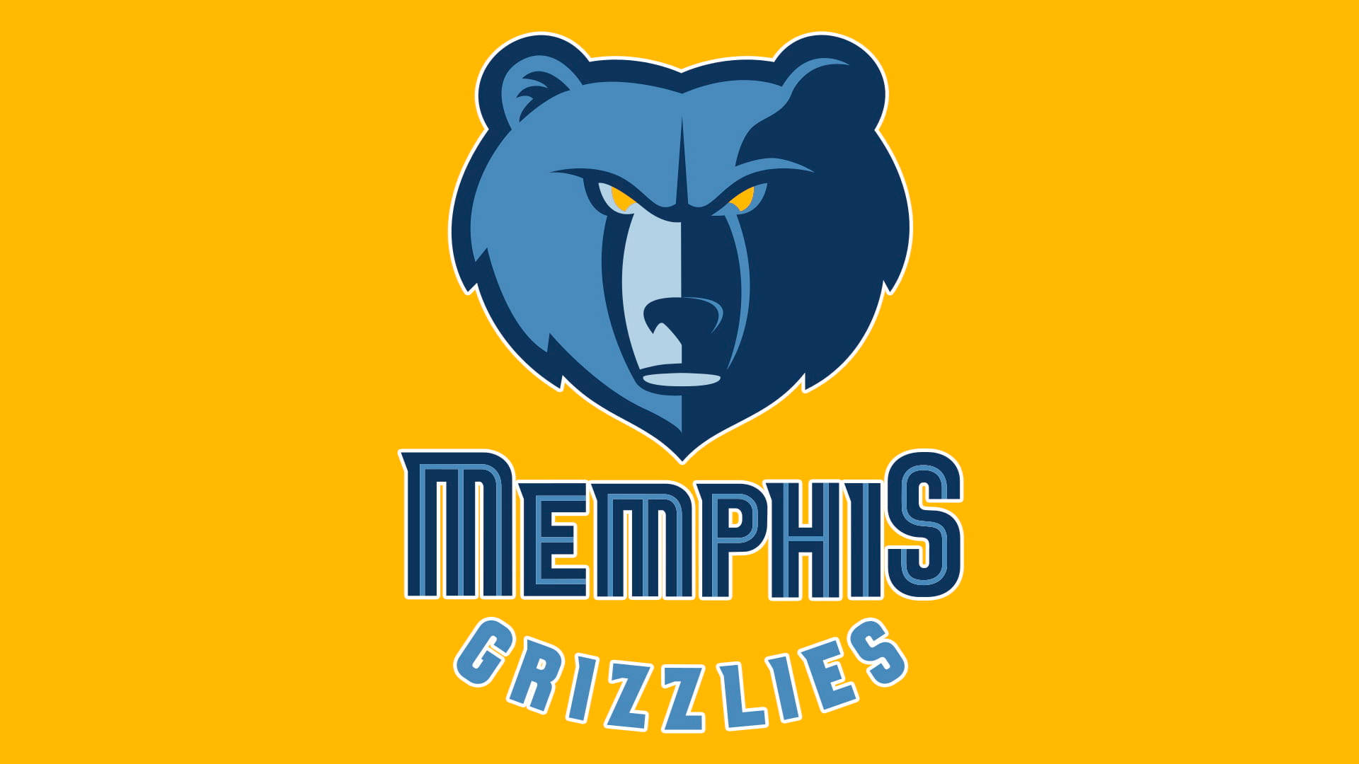 Memphis Grizzlies 黃底藍熊圖案 壁紙 — 一個大膽的藍色灰熊標誌，黃色眼睛，置於鮮黃色背景上，下方有 'MEMPHIS GRIZZLIES' 文字。