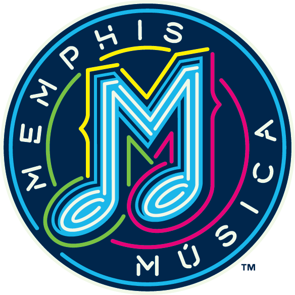 Memphis Musica 標誌 壁紙 — 一個充滿活力的霓虹圓形標誌，以風格化的「M」與音符交織在深藍色背景上。