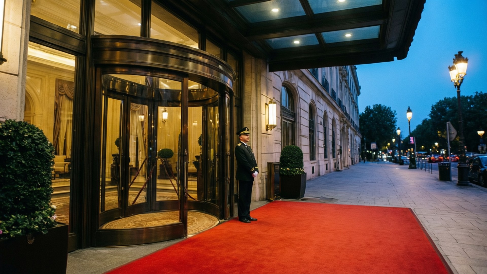 Grand Entrance 壁紙 — 門衛在黃昏時分於宏偉酒店入口外的紅地毯上立正站崗。