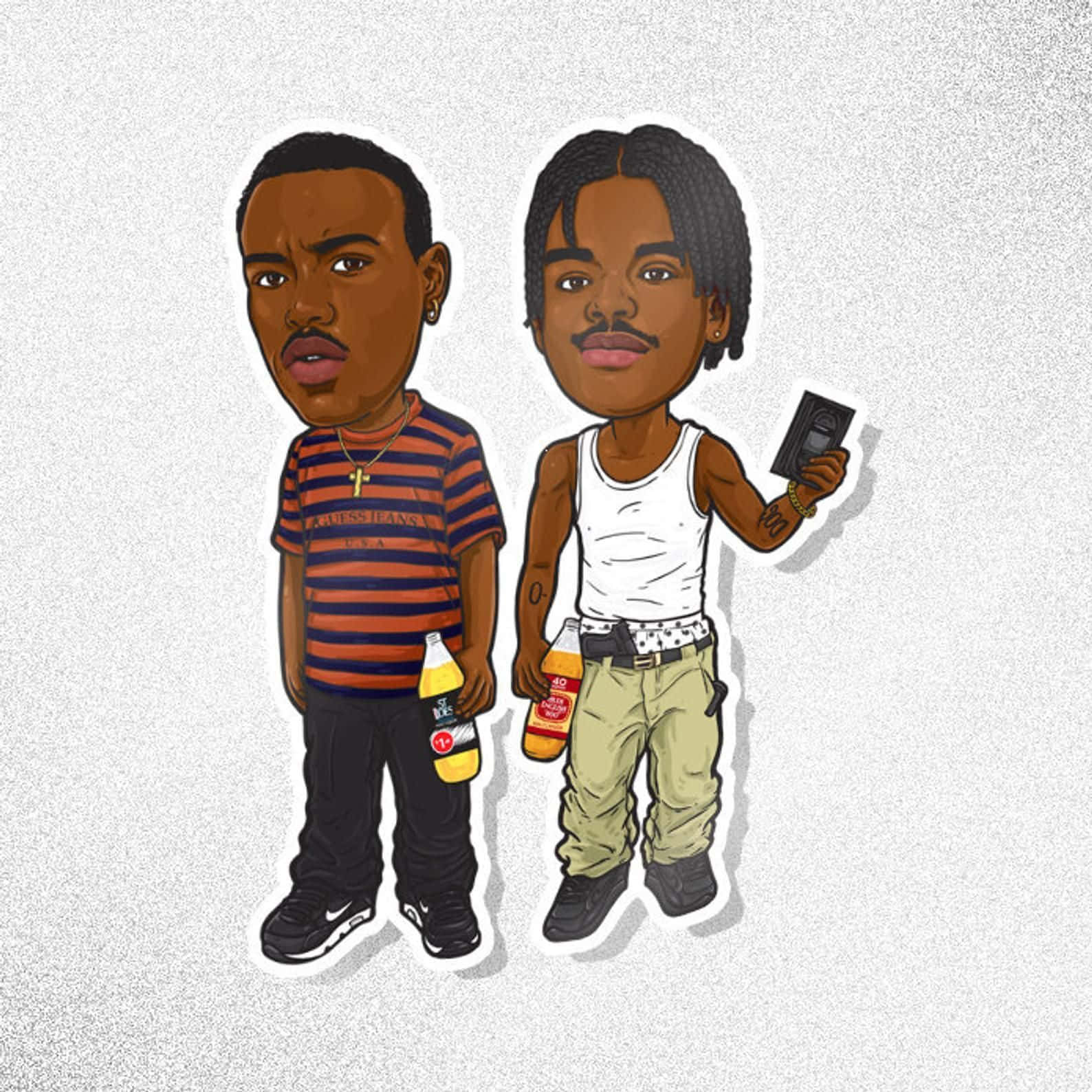 《Menace II Society》Caine與O-Dog卡通化形象 壁紙 — 兩個卡通風格的男人並排站立，手持飲料和VHS錄影帶，背景為有紋理的灰色。