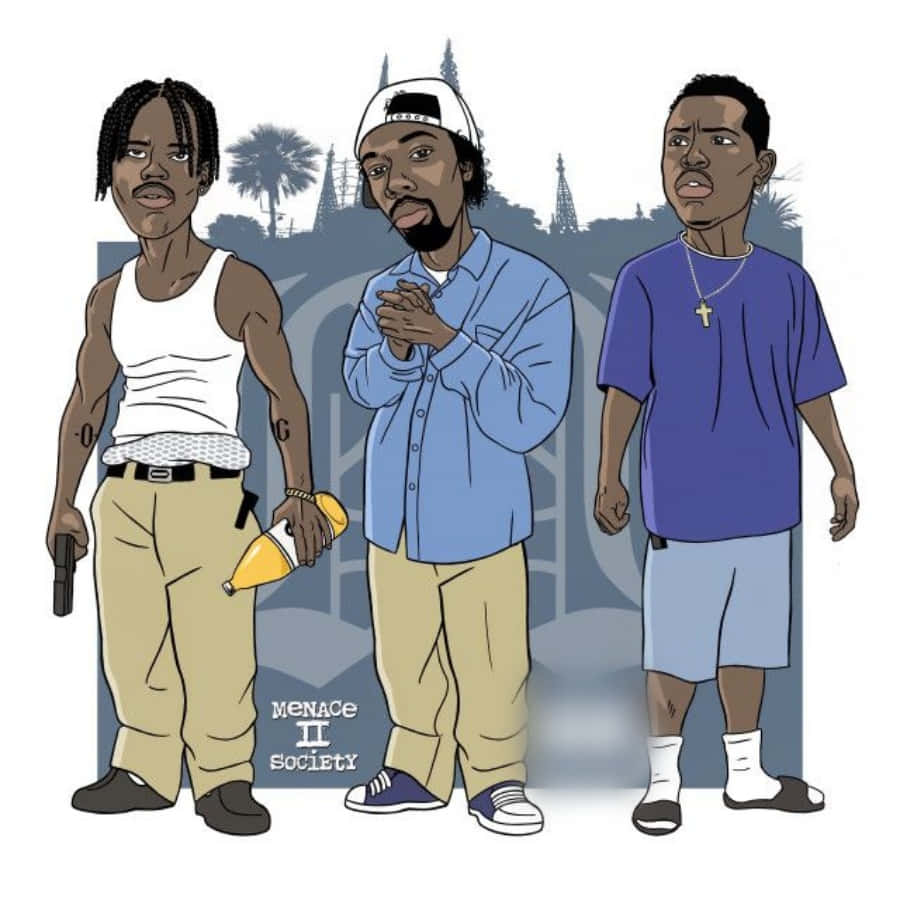 《Menace II Society》角色卡通藝術 壁紙 — 三位插畫風格的男士穿著都市街頭服飾，站在褪色的城市景觀背景前，背景有棕櫚樹和電線。
