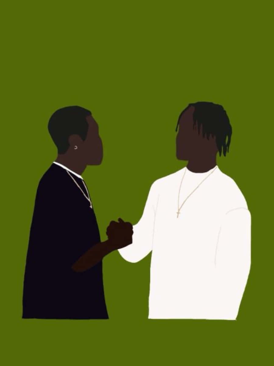 《Menace II Society》向量藝術 壁紙 — 兩個男人側面握手，背景為純橄欖綠色，一人穿深色西裝，另一人穿白襯衫。