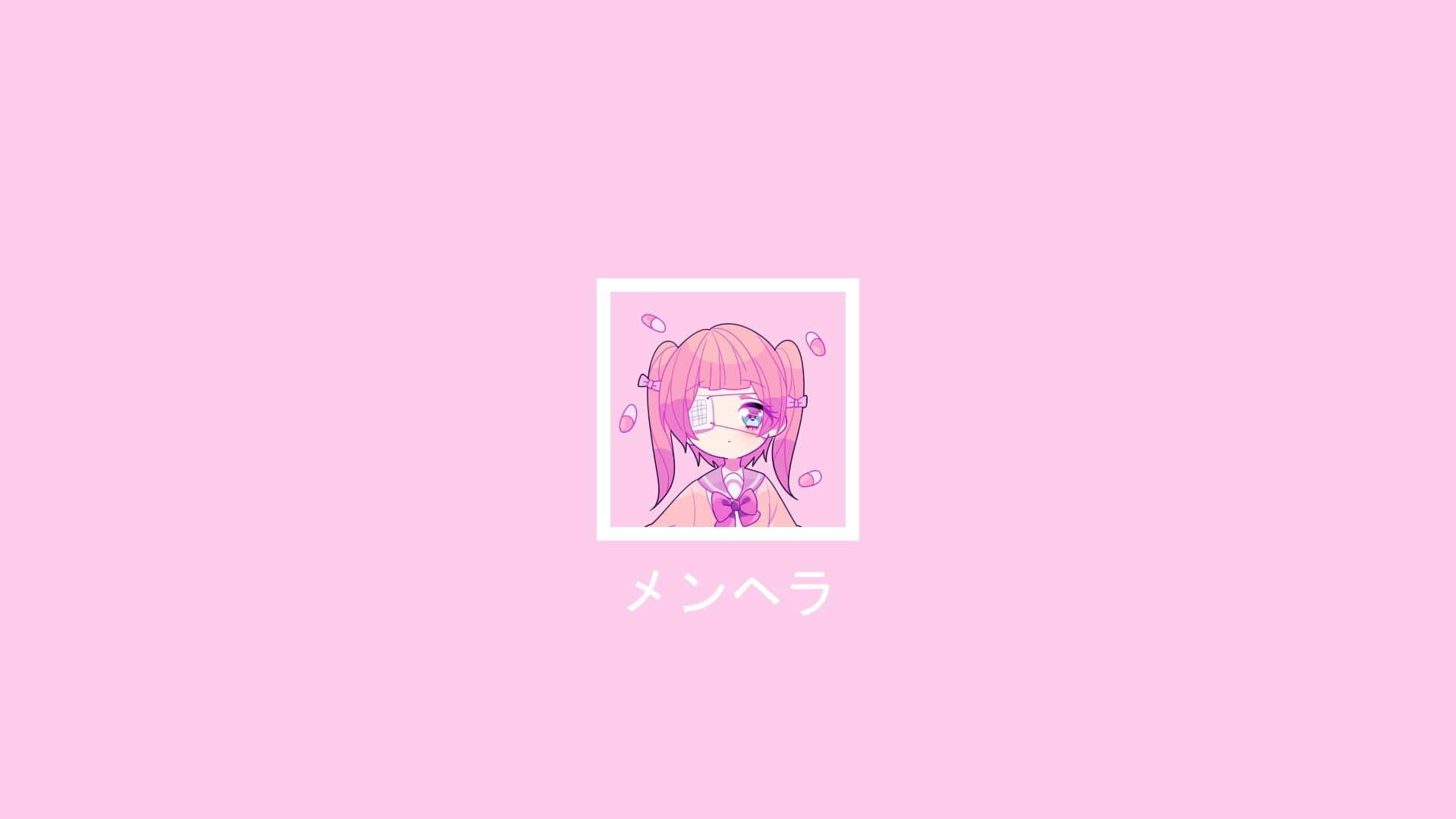 龐克粉紅美學筆記本 - Menhera Chan 壁紙 — 一個可愛的動漫女孩，粉紅色頭髮，戴著口罩，坐在白色框架內，背景是柔和的粉紅色。