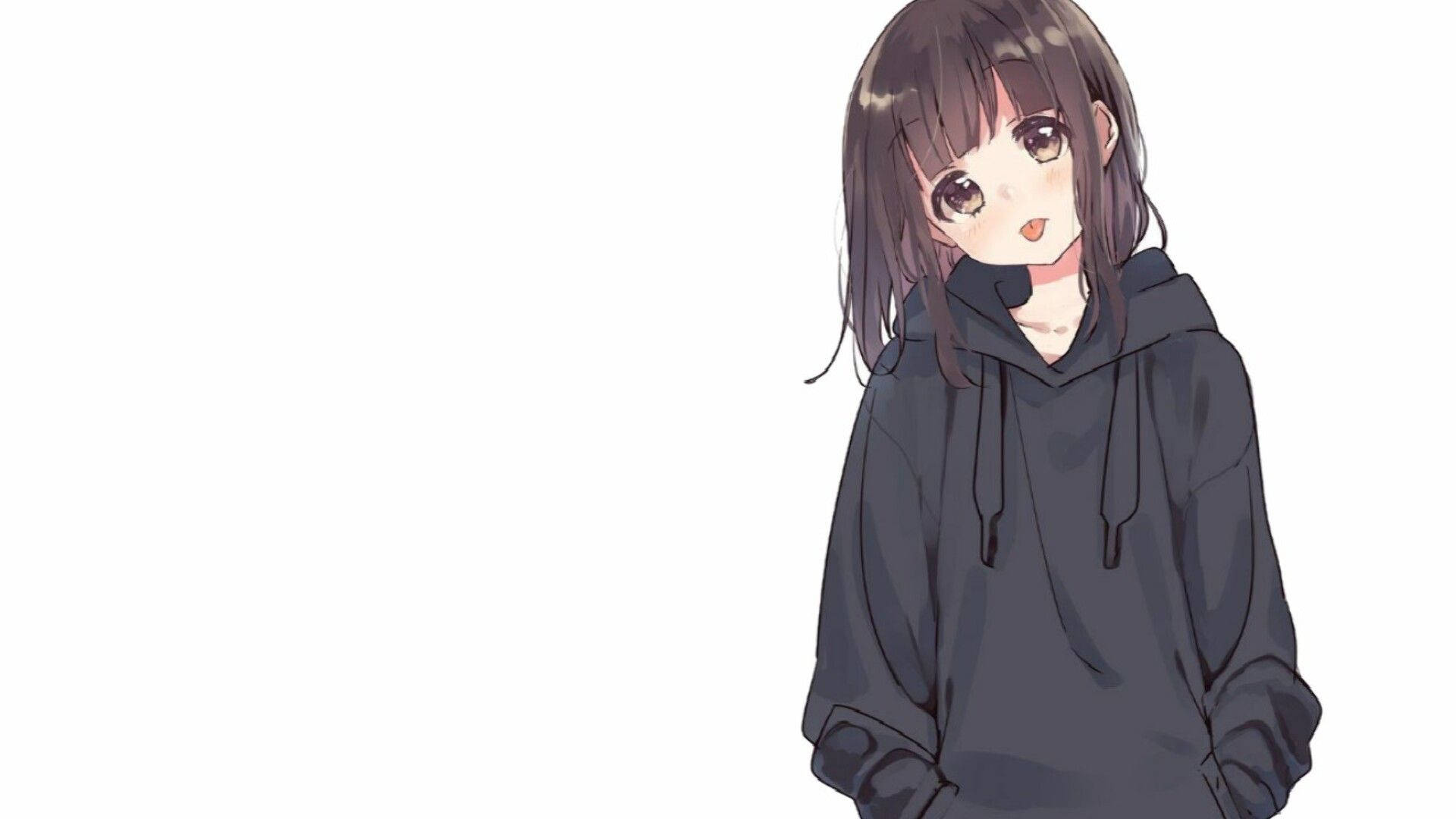 Menhera-chan 的美學動漫頭像 壁紙 — 動漫女孩，棕色頭髮，大眼睛，穿著深色連帽衫，背景為純白色。