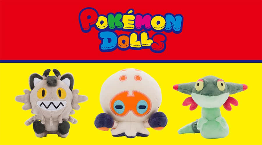 Meowth、Clobbopus與Dreepy玩偶 壁紙 — 三個色彩繽紛的Pokémon毛公仔坐在大膽的紅色和黃色背景上，上方有「Pokémon Dolls」標誌。