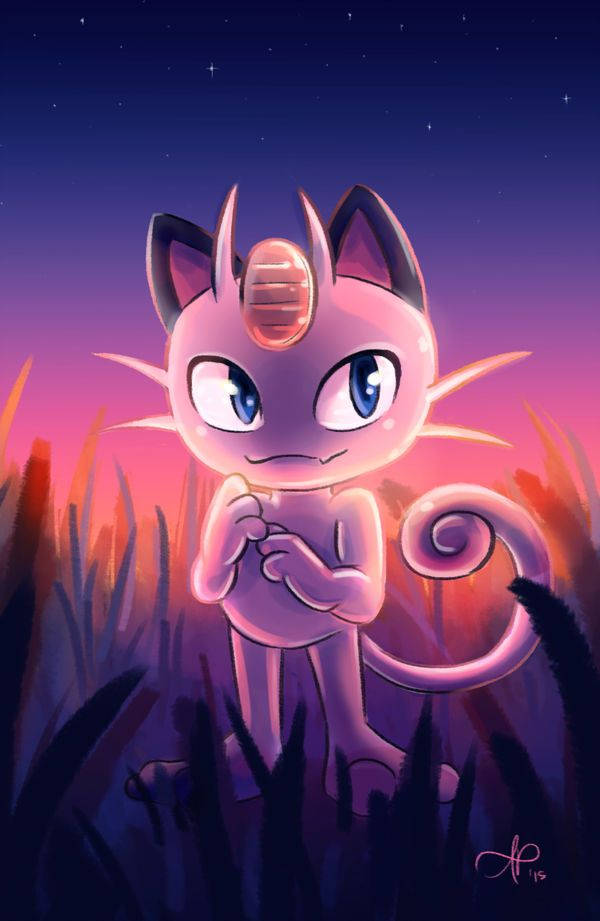 Meowth 站在草地上 壁紙 — 一隻可愛的粉紅色超夢站在發光的草地上，背景是繁星點點的暮色天空，帶有柔和的紫色和粉紅色調。