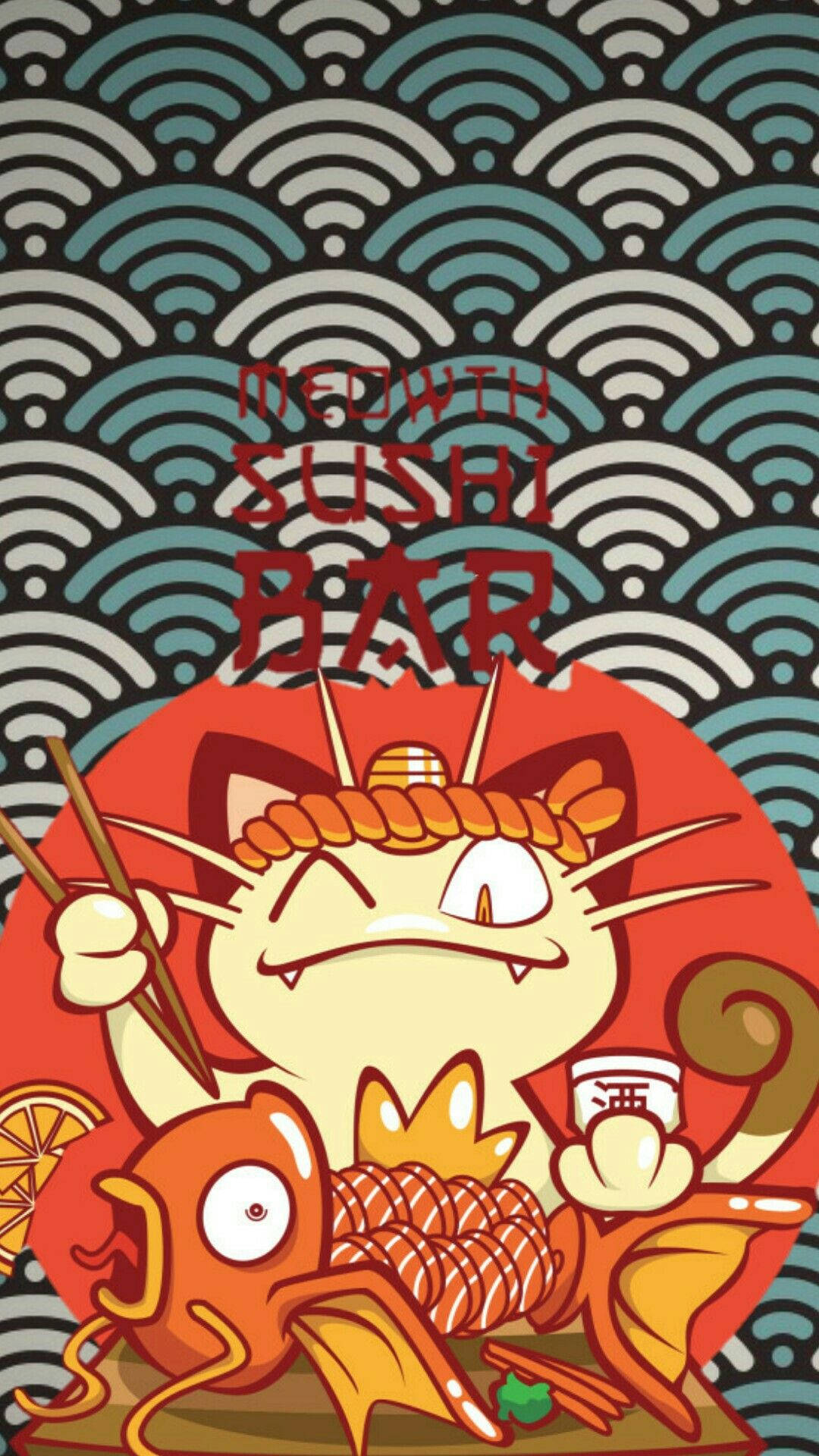 卡通貓廚師用筷子夾著帶有魚和柑橘片的壽司。