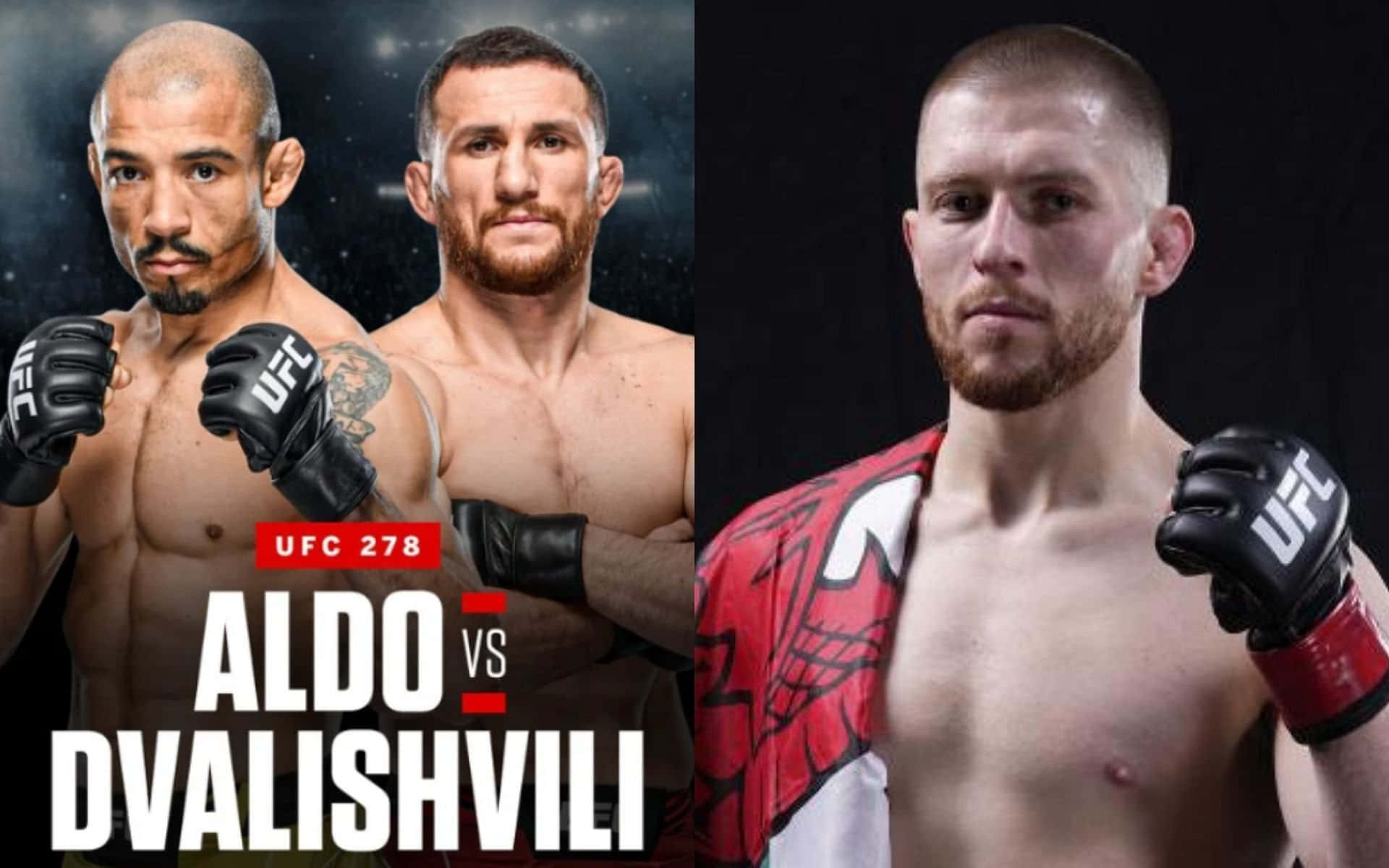 Merab Dvalishvili、Jose Aldo 與 Jack Shore 合輯 壁紙 — 兩名UFC拳手在UFC 278的宣傳海報中激烈對視， featuring Aldo vs Dvalishvili。