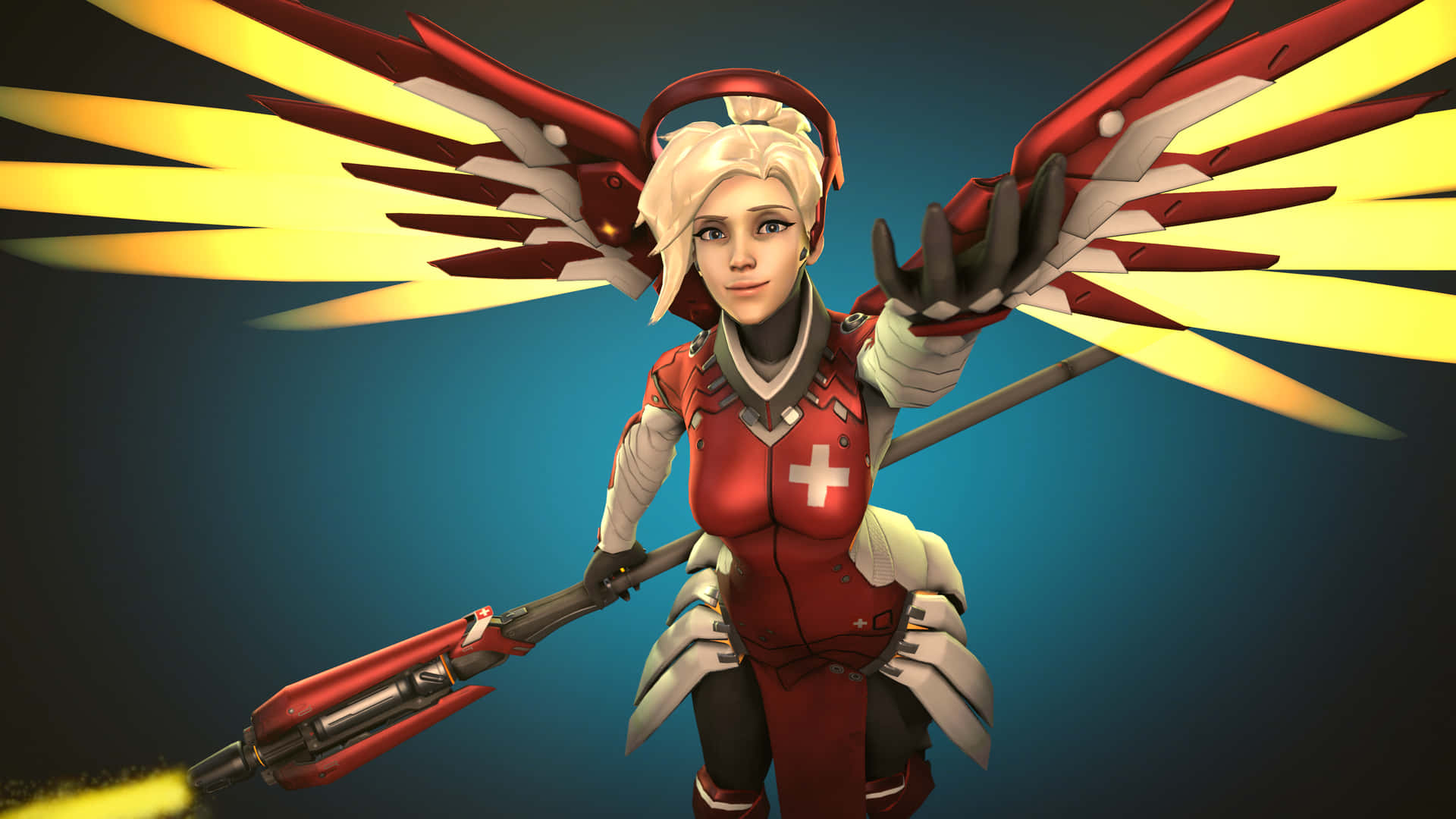 擁有機械翅膀和發光武器的女性遊戲角色。