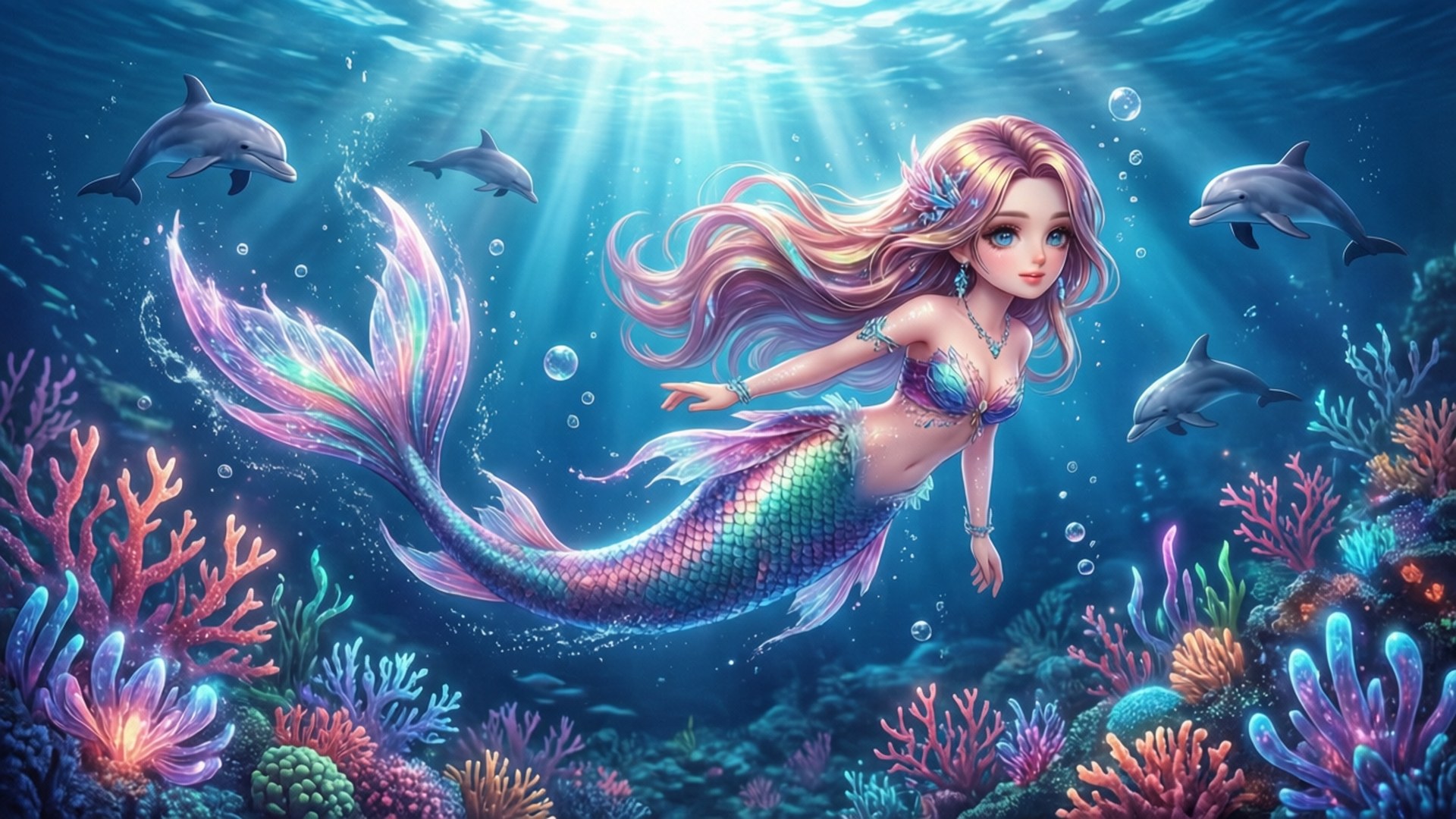 一位擁有彩虹頭髮和尾巴的美人魚，在陽光普照的海水中與海豚和色彩繽紛的珊瑚一起游泳。