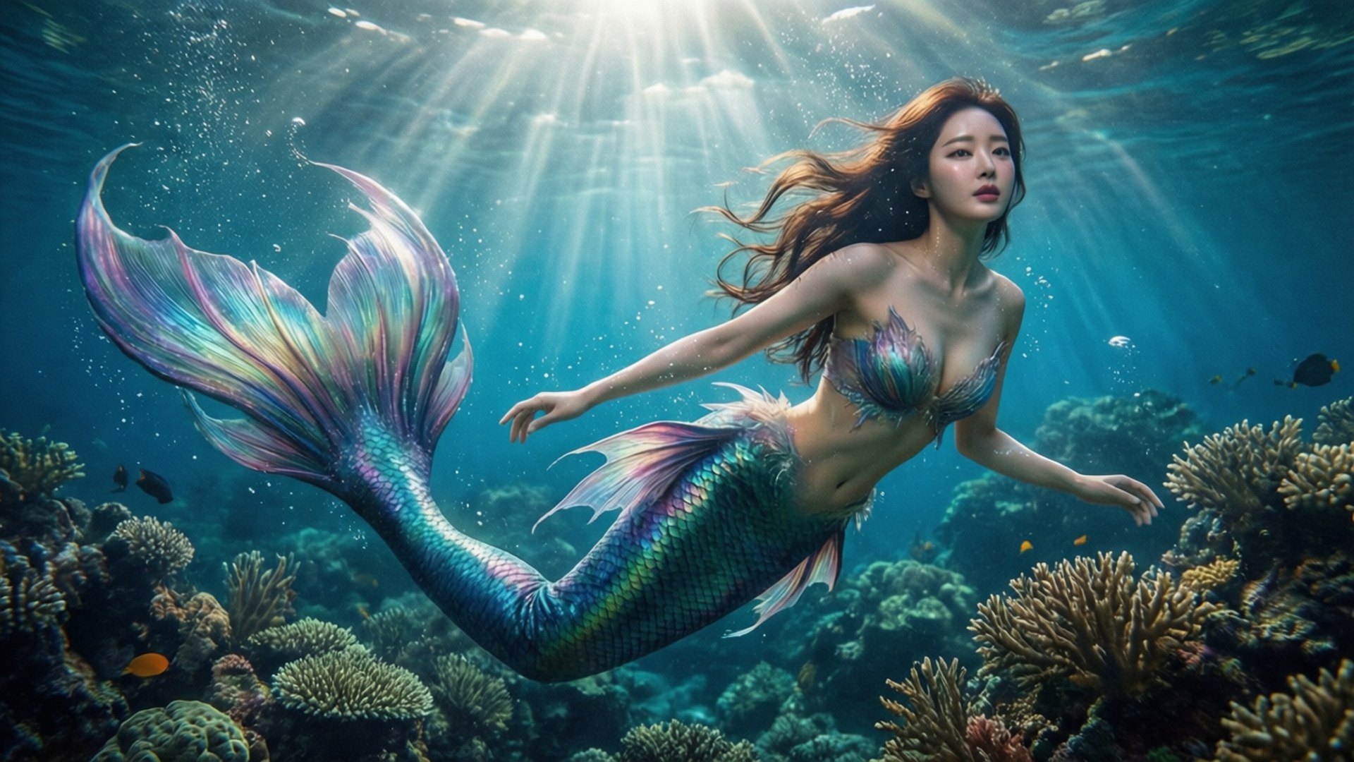 一條擁有彩色尾巴的美人魚在清澈的藍色海水中優雅地在珊瑚礁間游動。