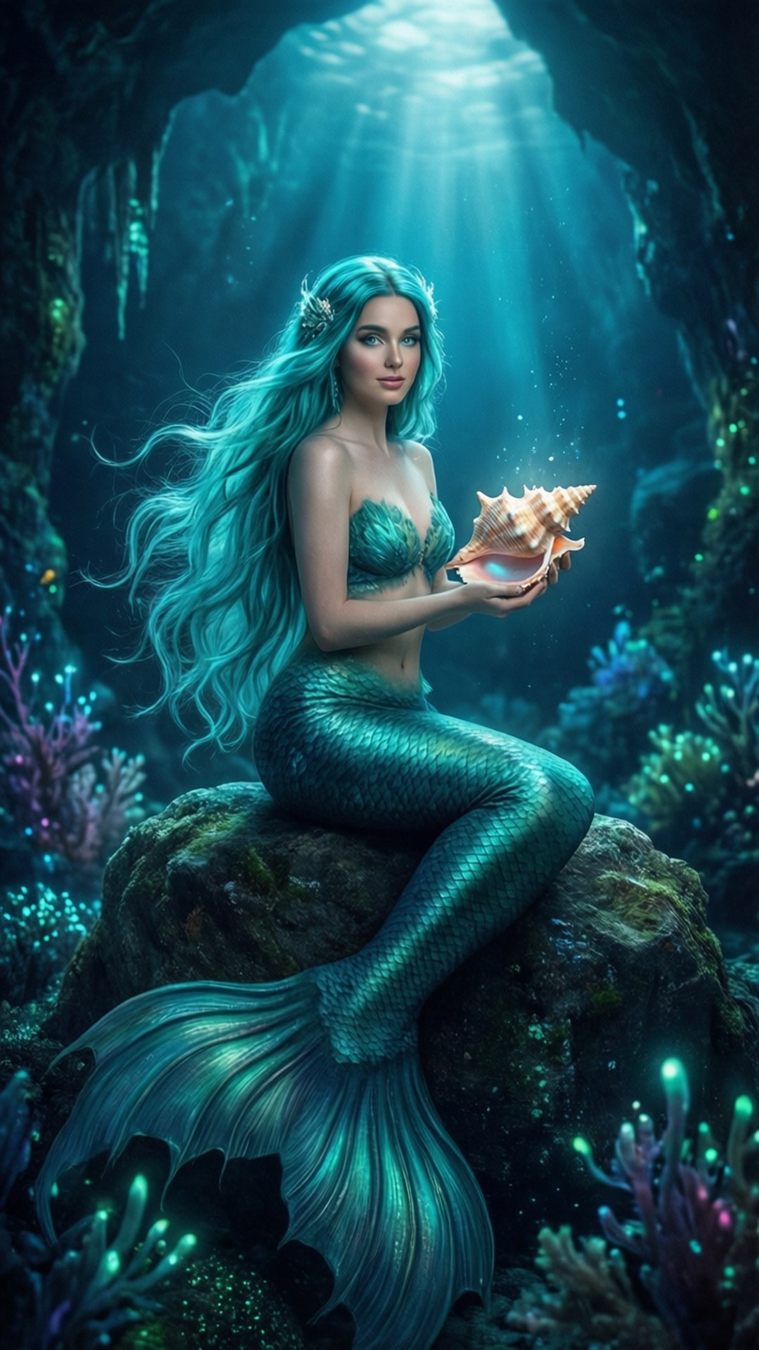 一條擁有青綠色頭髮和尾巴的美人魚在珊瑚和陽光附近的水下拿著發光的貝殼。